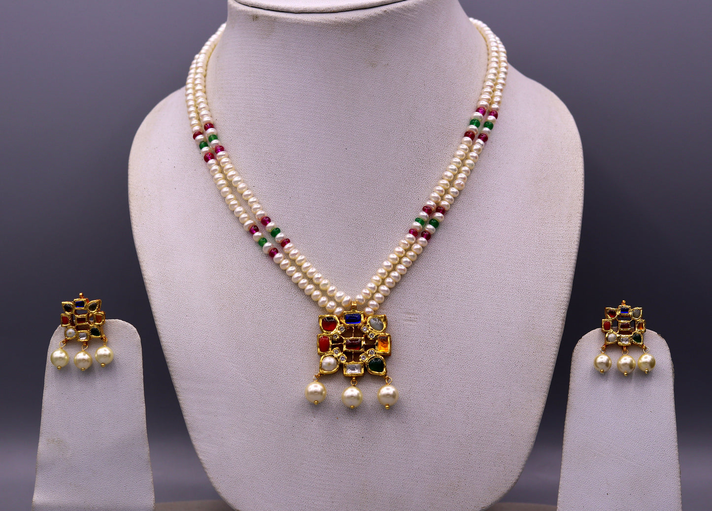Vintage antique design handmade 22kt yellow gold navratan stone kundan jadau necklace pendant set with earrings tribal jewelry india - TRIBAL ORNAMENTS