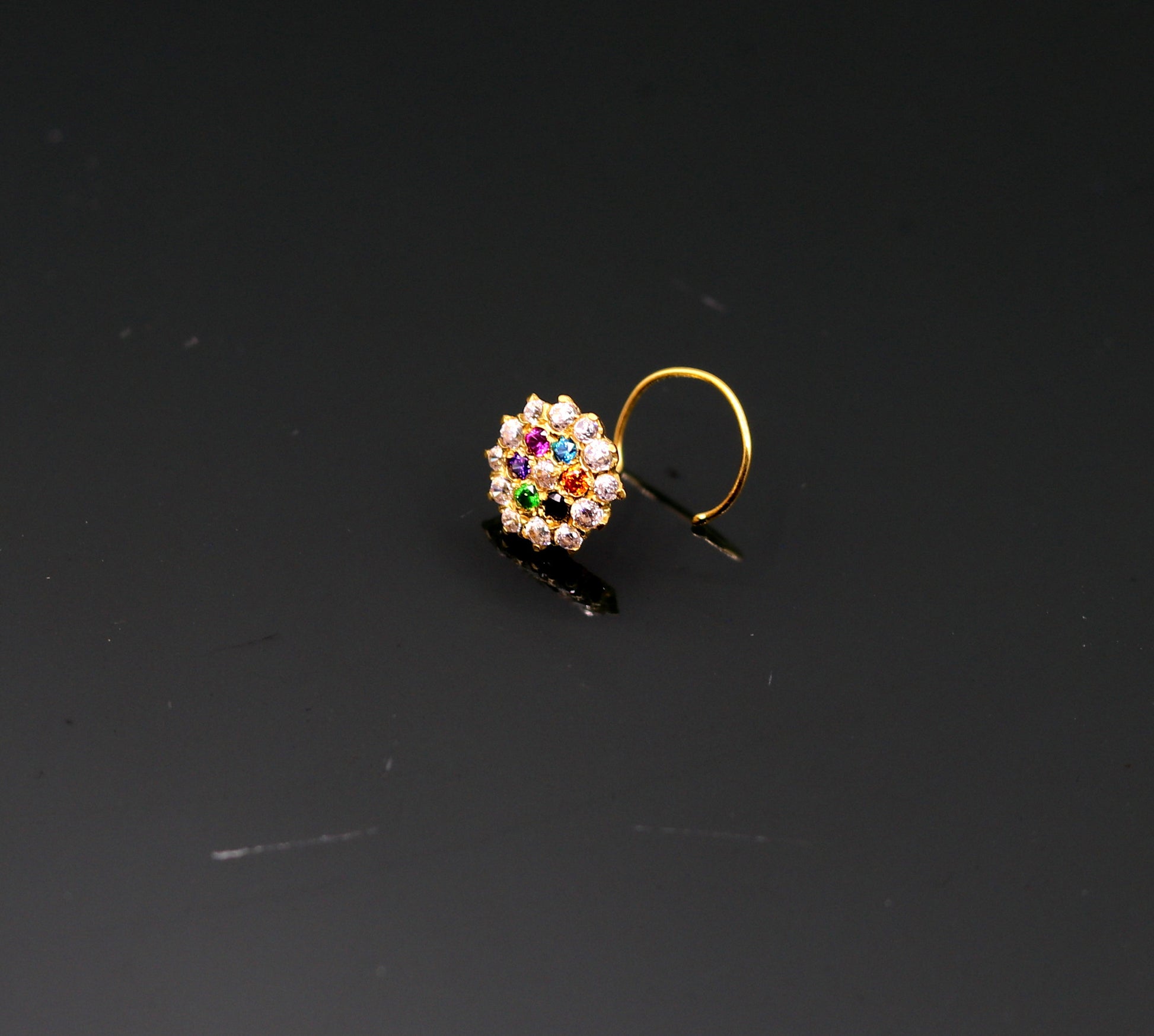 18kt yellow gold handmade fabulous multi color stone cubic zircon nose stud,excellent women girls daily use jewelry from Rajasthan gnp15 - TRIBAL ORNAMENTS