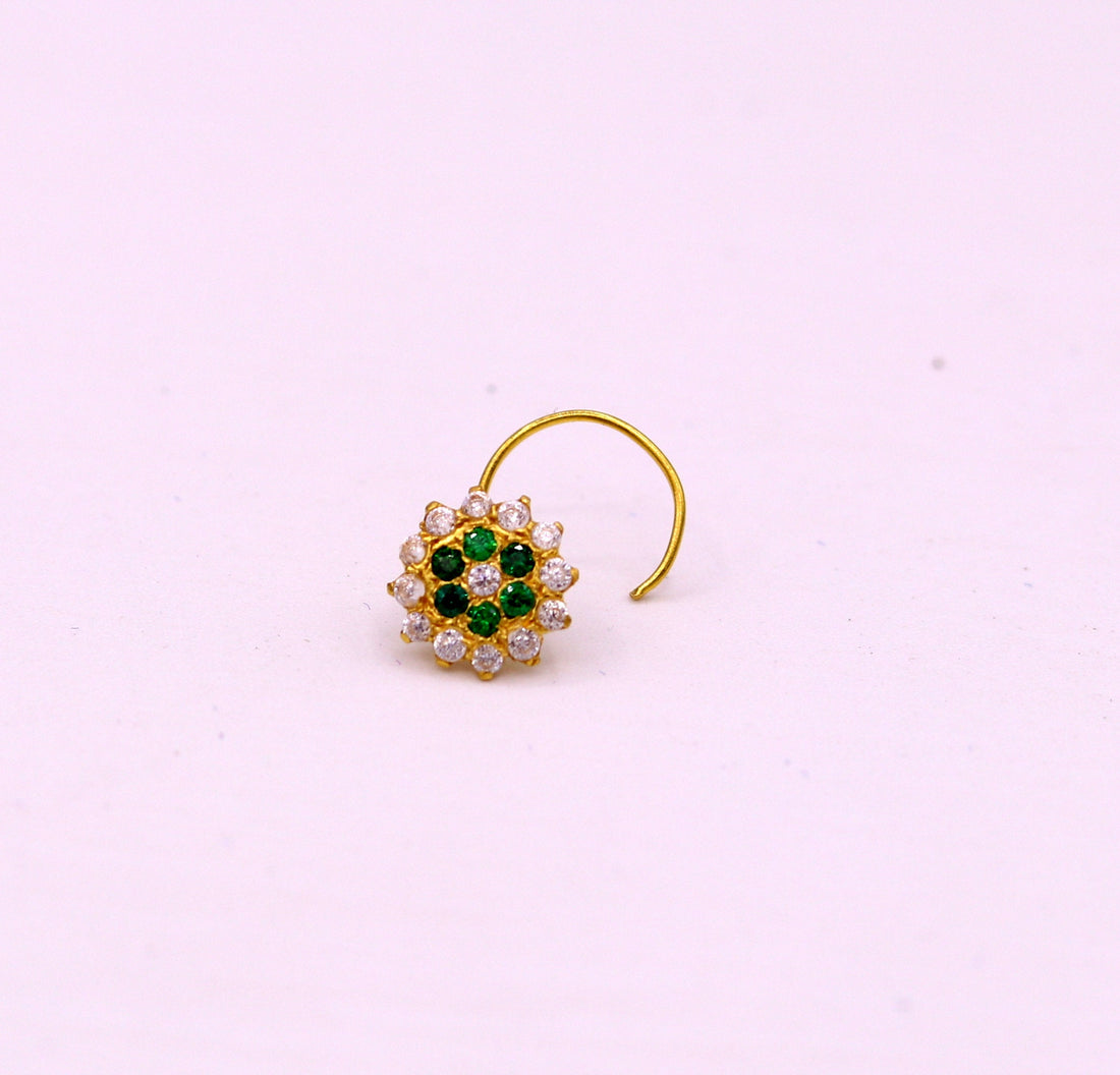 18kt yellow gold handmade fabulous green color stone cubic zircon nose stud,excellent women girls daily use jewelry from Rajasthan gnp16 - TRIBAL ORNAMENTS