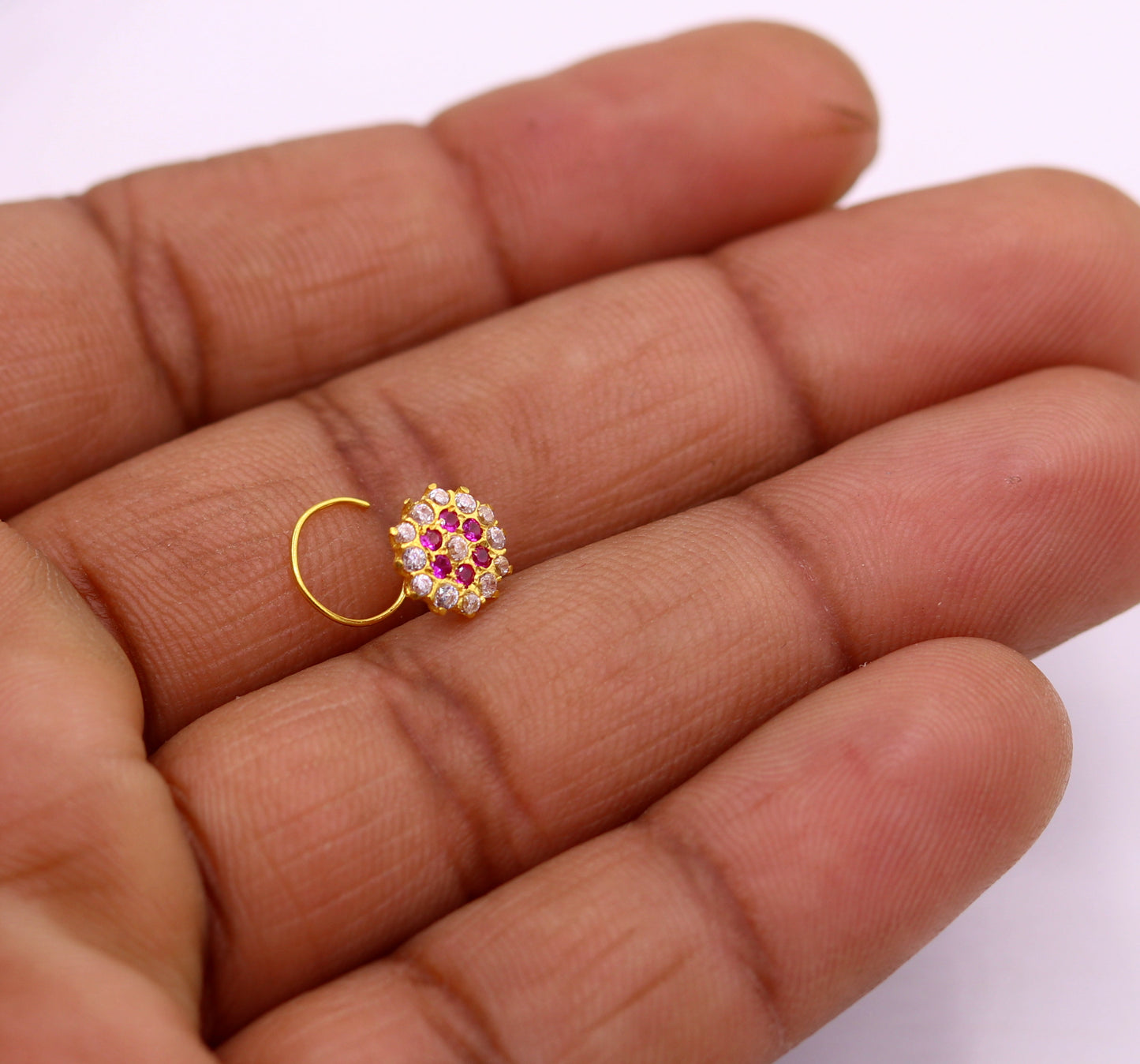 18kt yellow gold handmade fabulous pink color stone cubic zircon nose stud,excellent women girls daily use jewelry from Rajasthan gnp17 - TRIBAL ORNAMENTS
