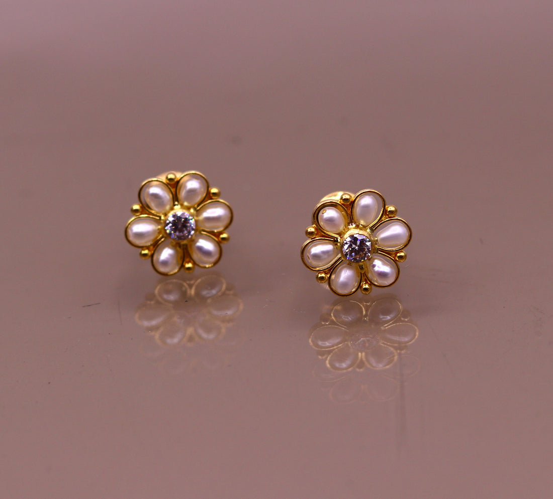 22kt yellow gold handmade stud earrings with fabulous pearl and cubic zircon earrings stylish modern girl's jewelry from india belly dance - TRIBAL ORNAMENTS