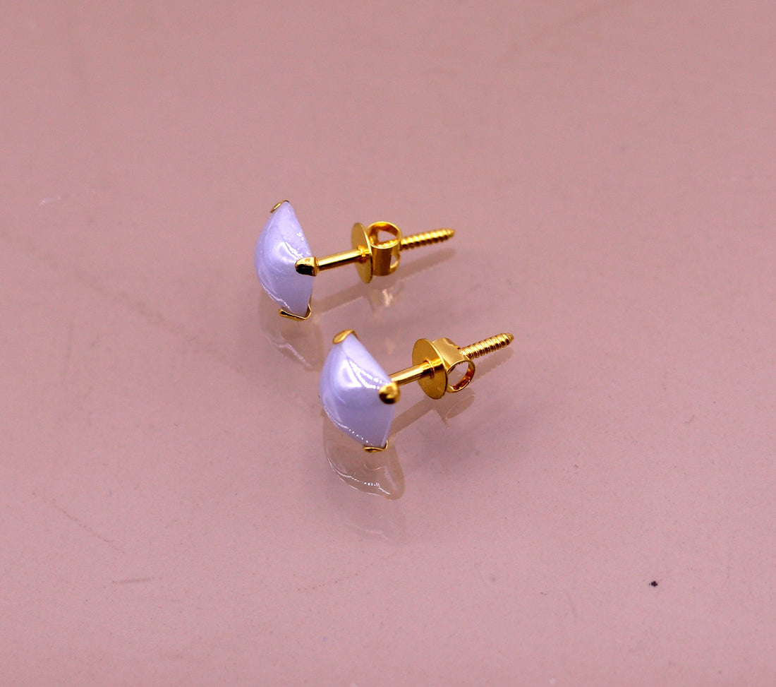 Fabulous light blue color stone 18kt yellow gold handmade stud earring excellent daily use gifting light weight jewelry india  er100 - TRIBAL ORNAMENTS
