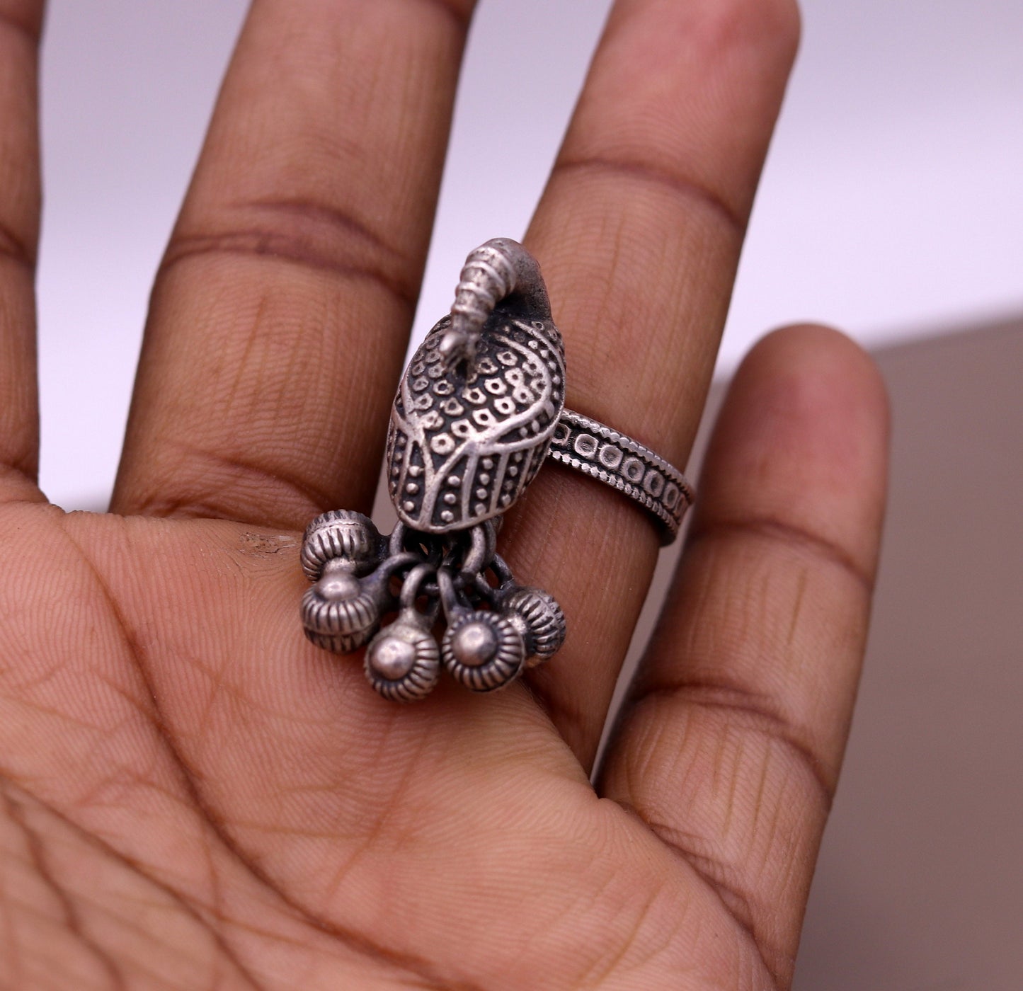 925 sterling silver handmade fabulous peacock design ring with amazing noisy jingle bells excellent customized jewelry for belly dance sr200 - TRIBAL ORNAMENTS