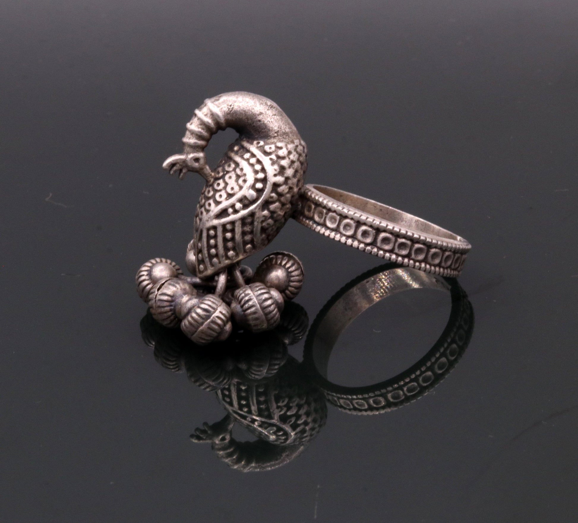 925 sterling silver handmade fabulous peacock design ring with amazing noisy jingle bells excellent customized jewelry for belly dance sr200 - TRIBAL ORNAMENTS