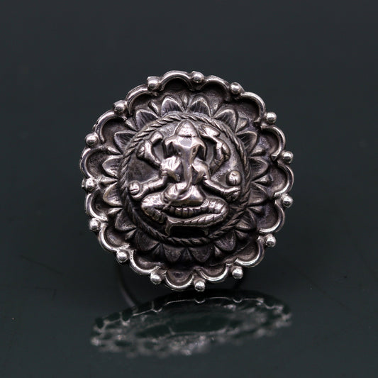 925 Sterling silver handmade adjustable ring band with fabulous lord Ganesha design unisex temple jewlery india sr237 - TRIBAL ORNAMENTS