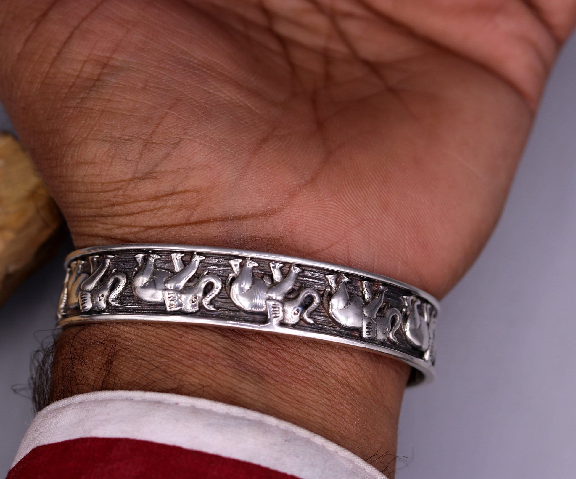 Vintage antique design excellent elephant 925 sterling silver bangle bracelet adjustable kada unisex india jewelry nsk144 - TRIBAL ORNAMENTS