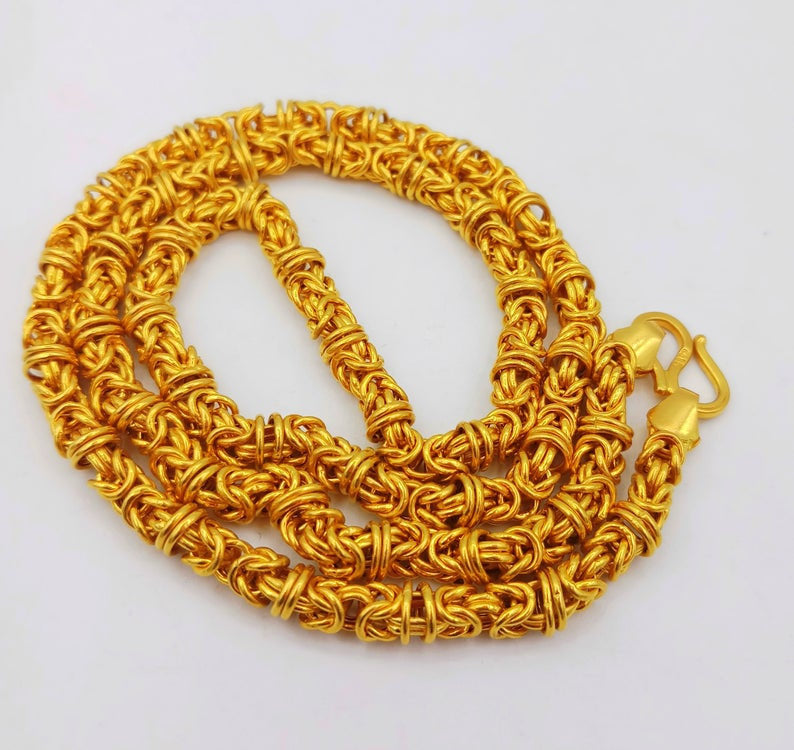 Solid 22 inches long 22k yellow gold handmade fabulous byzantine stylish chain necklace unisex gifting jewel - TRIBAL ORNAMENTS