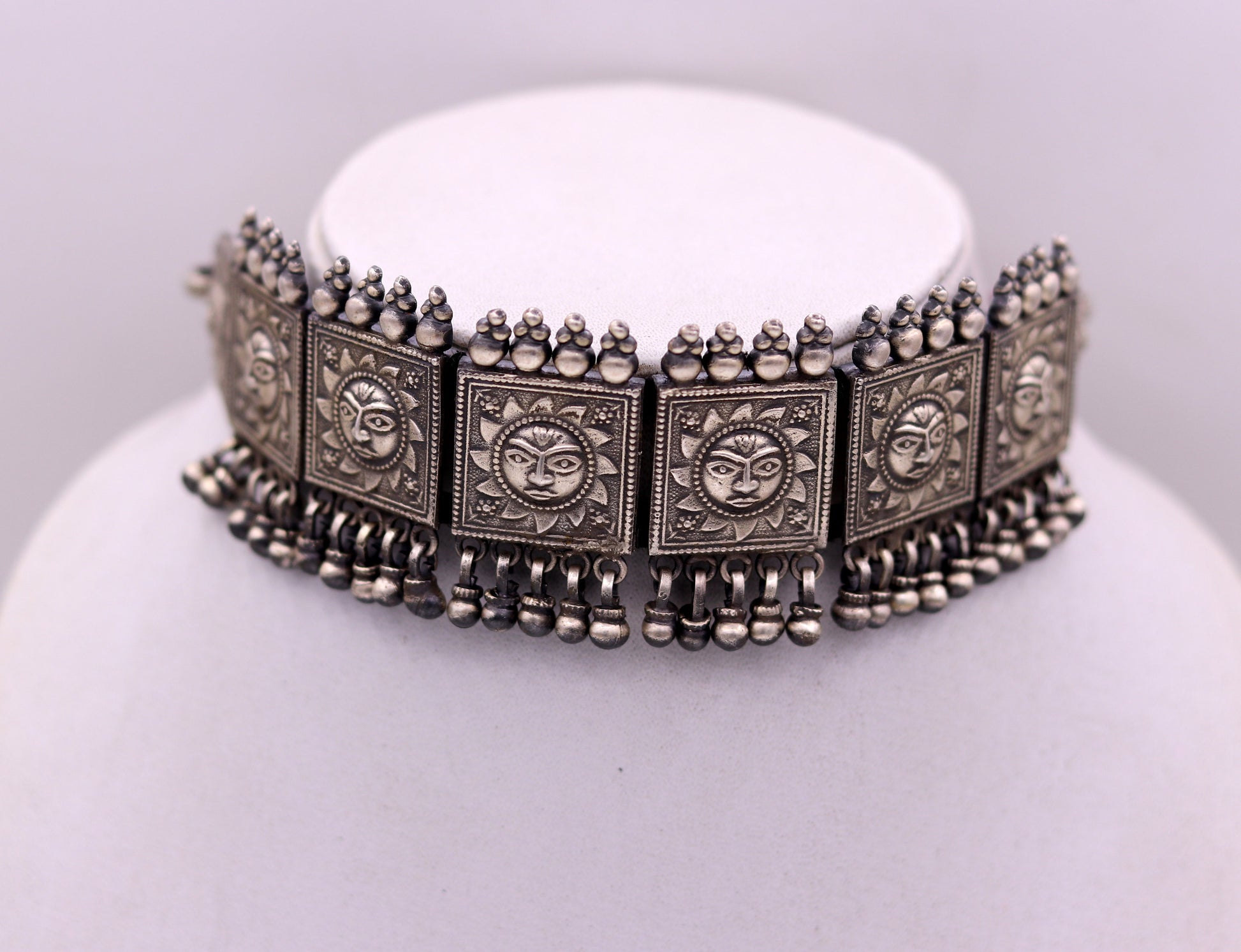 Vintage antique design handmade 925 sterling silver fabulous sum face design necklace choker with attractive hangings tribal jewelry set78 - TRIBAL ORNAMENTS