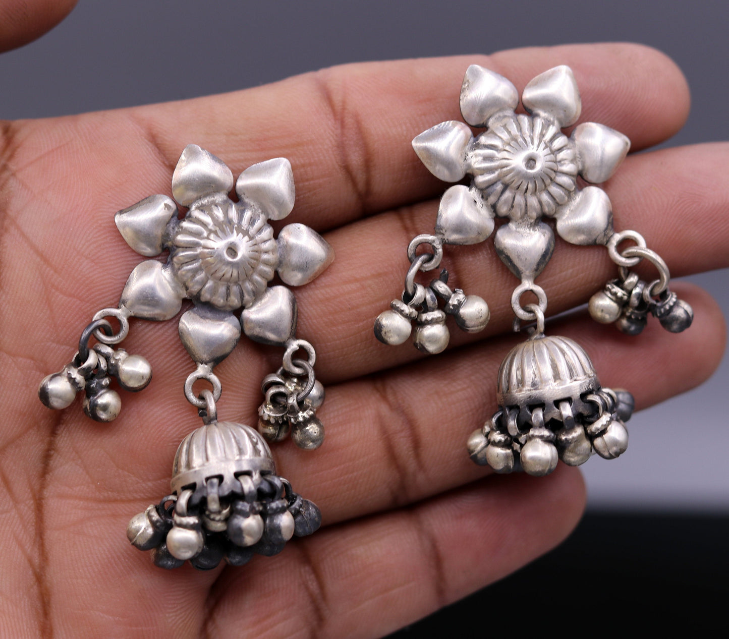 925 Sterling silver handmade vintage flower design stud earrings tribal belly dance chandelier earrings gifting jewelry from india s557 - TRIBAL ORNAMENTS