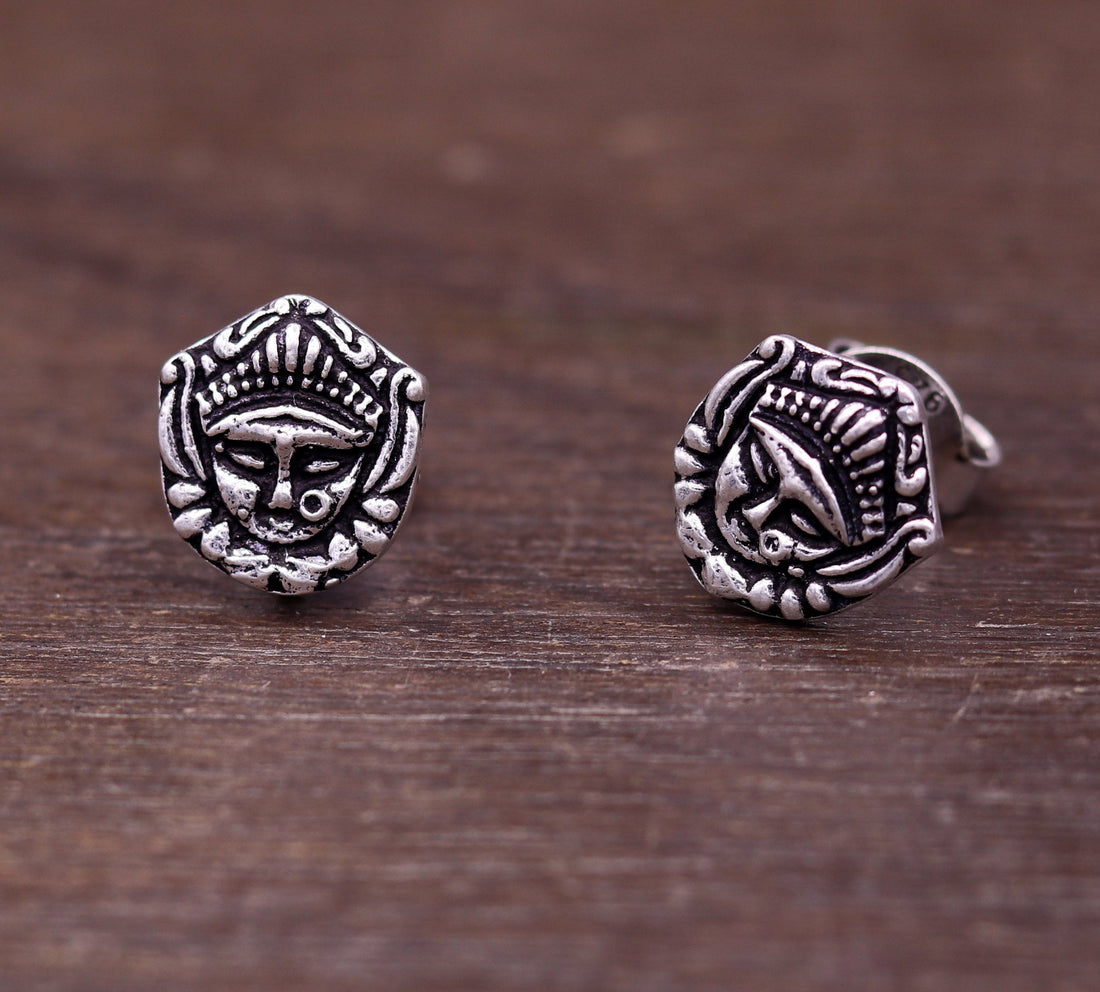 Vintage antique Goddess Bhawani Maa design 925 sterling silver stud earring excellent tribal jewelrys560 - TRIBAL ORNAMENTS