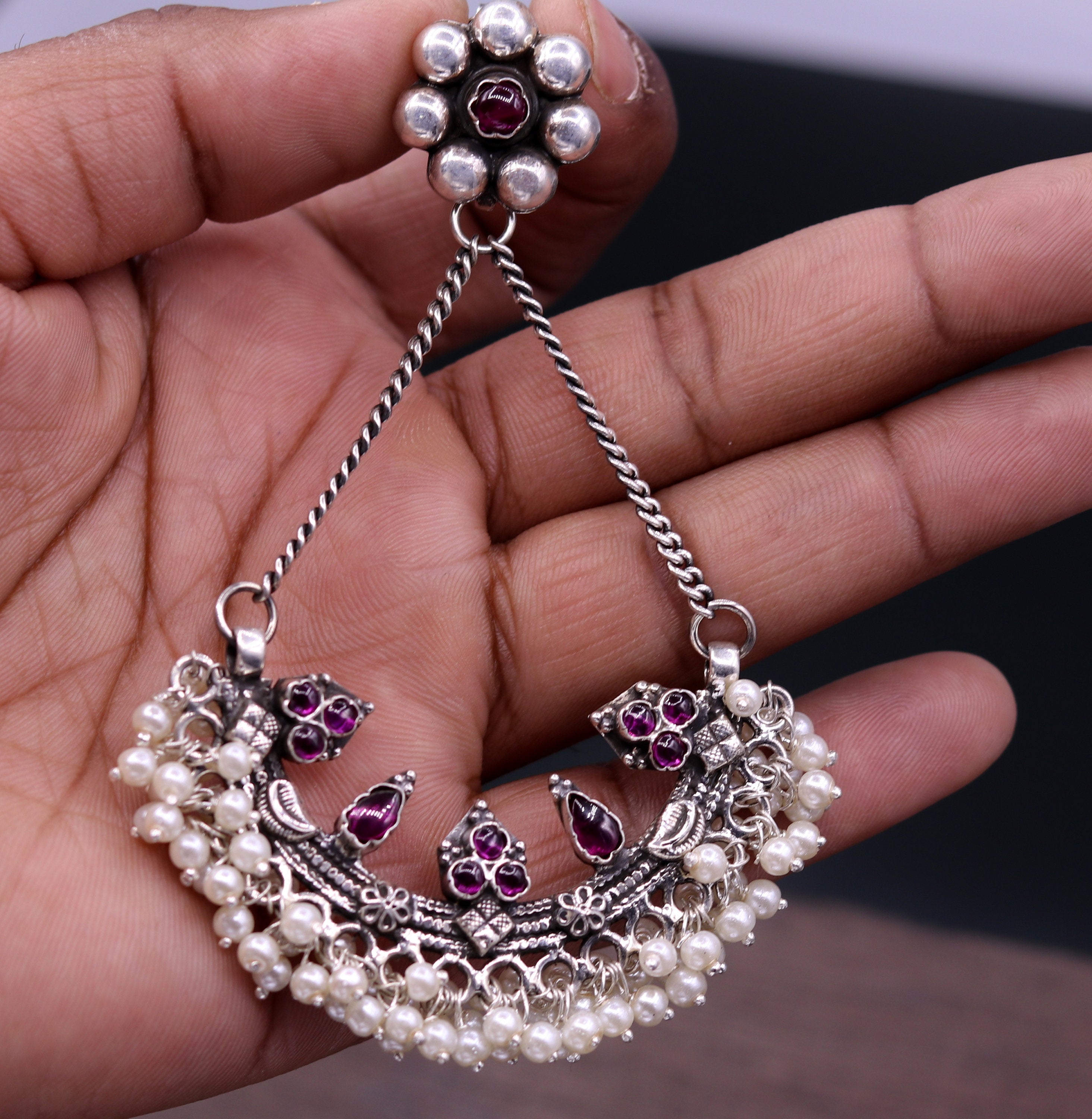 Buy NYLSA Silver Oxidised Big Bahubali Pearl Jhumka Earrings with Hair Chain  for Women/Girls at Amazon.in