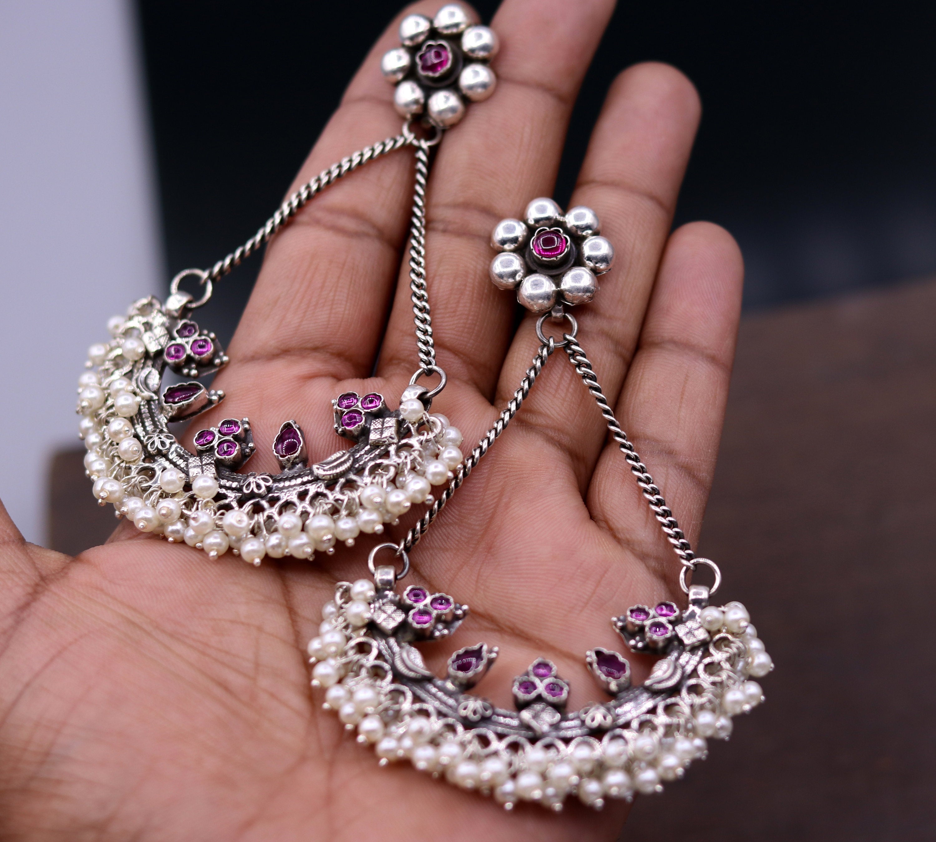 Long Chain Jhumka Earrings for Women & Girls (Pink) - TrishaStore.com