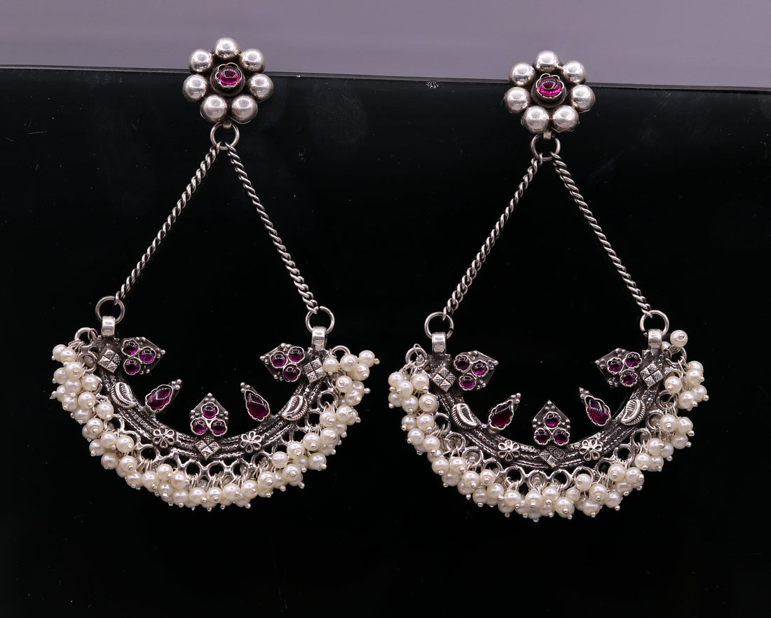 925 sterling silver handmade stud earring chandbala jhumka with gorgeous pearl and dangling customized bridesmaid large earring jewelry s565 - TRIBAL ORNAMENTS
