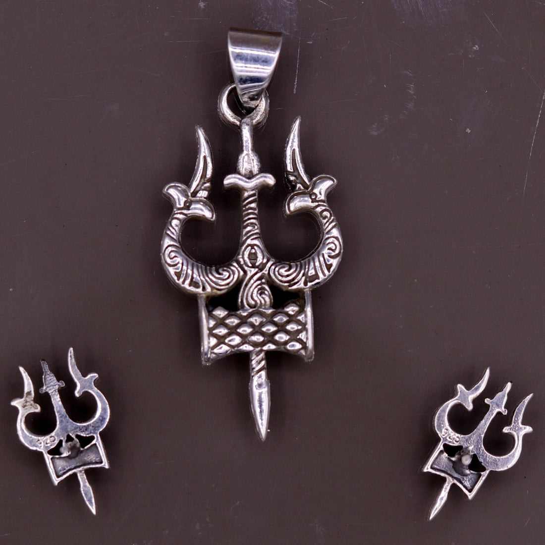 Awesome pretty design Lord Shiva trident shape pendant with tiny trident stud 925 sterling silver amazing fabulous set tribal jewelry nsp231 - TRIBAL ORNAMENTS