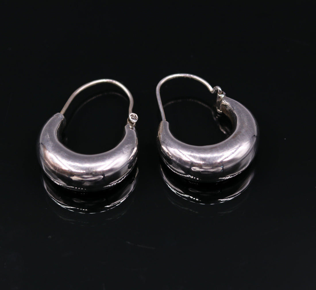 Indian traditional style 925 sterling pure silver handmade vintage style hoops earrings kundal, ethnic bali tribal jewelry from india s588 - TRIBAL ORNAMENTS