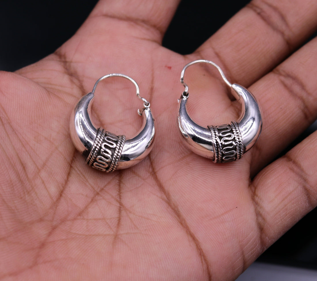 Pure 925 sterling silver handmade vintage ethnic style hoops earrings kundal,ethnic pretty bali tribal belly dance jewelry from india s591 - TRIBAL ORNAMENTS