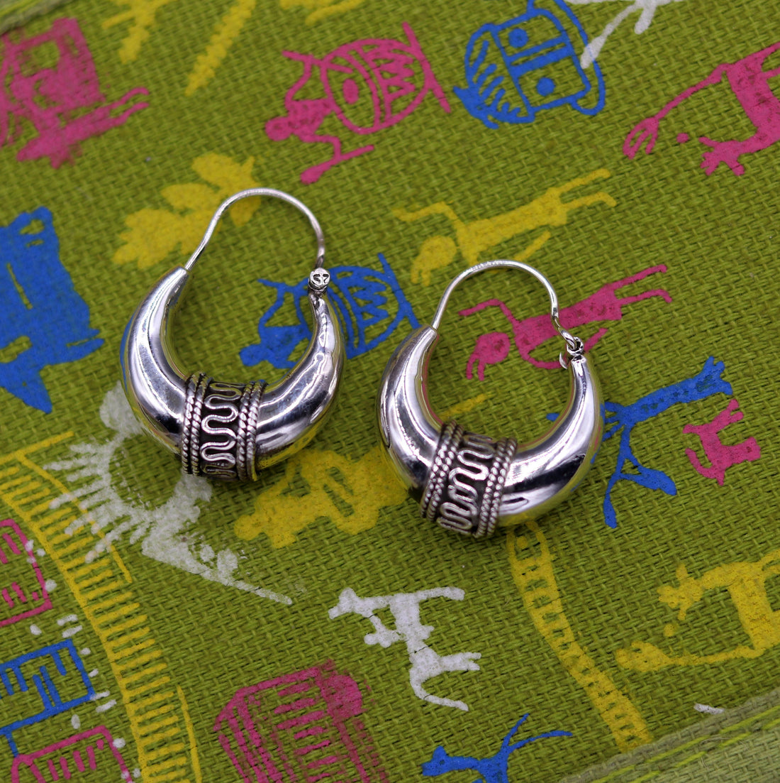 Pure 925 sterling silver handmade vintage ethnic style hoops earrings kundal,ethnic pretty bali tribal belly dance jewelry from india s591 - TRIBAL ORNAMENTS