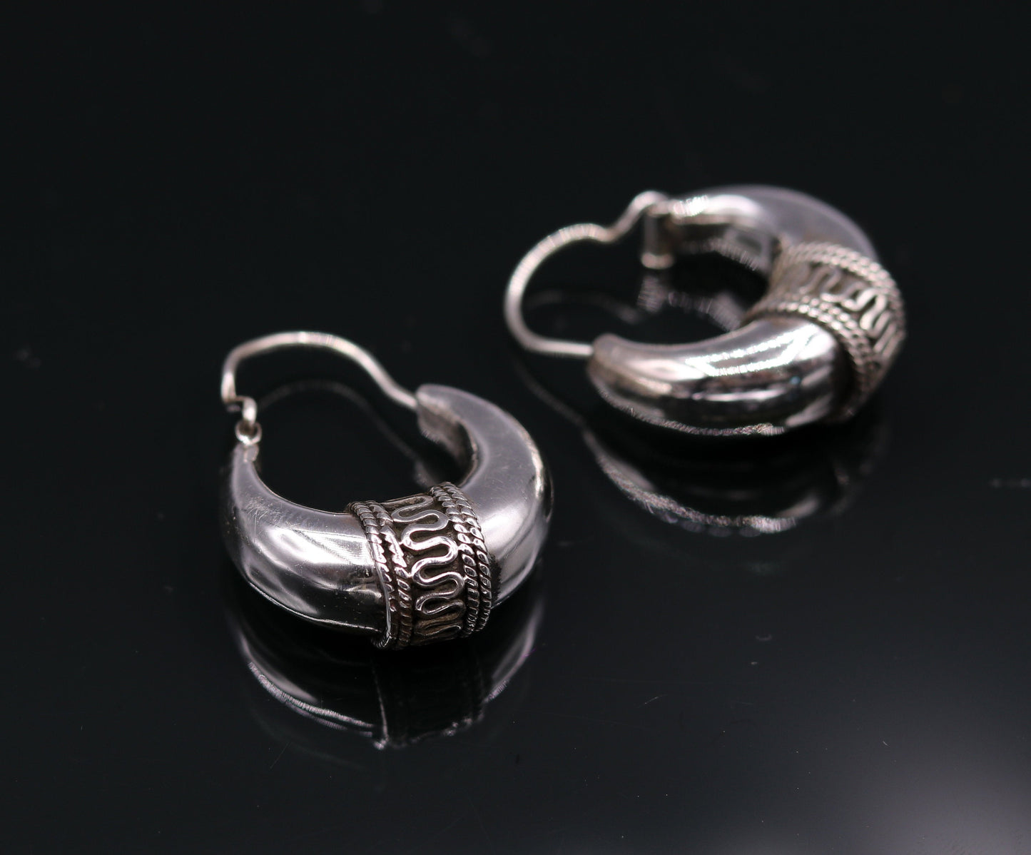 Pure 925 sterling silver handmade vintage ethnic style hoops earrings kundal,ethnic pretty bali tribal belly dance jewelry from india s591 - TRIBAL ORNAMENTS
