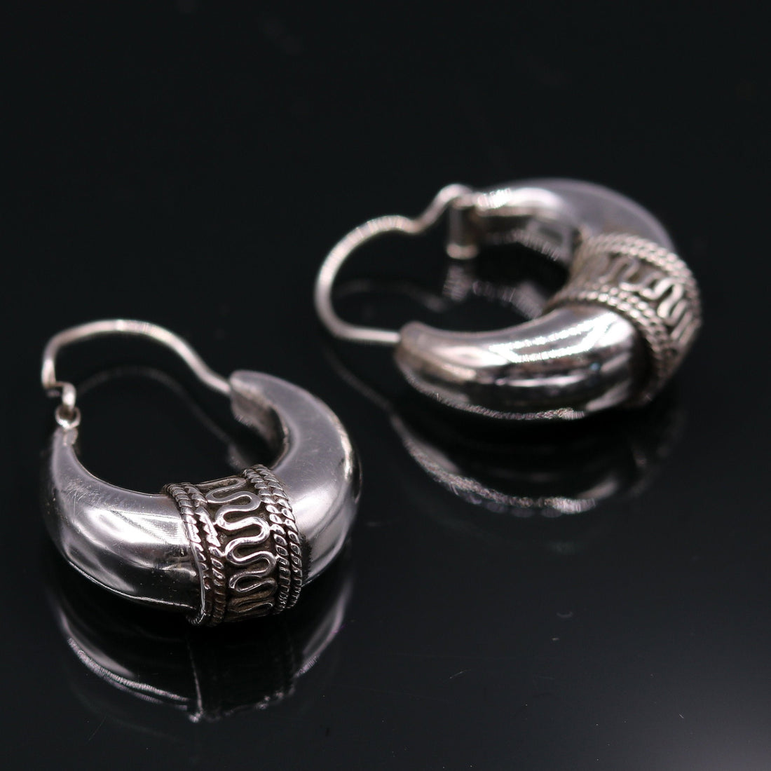 Pure 925 sterling silver handmade vintage ethnic style hoops earrings kundal,ethnic pretty bali tribal belly dance jewelry from india s591 - TRIBAL ORNAMENTS