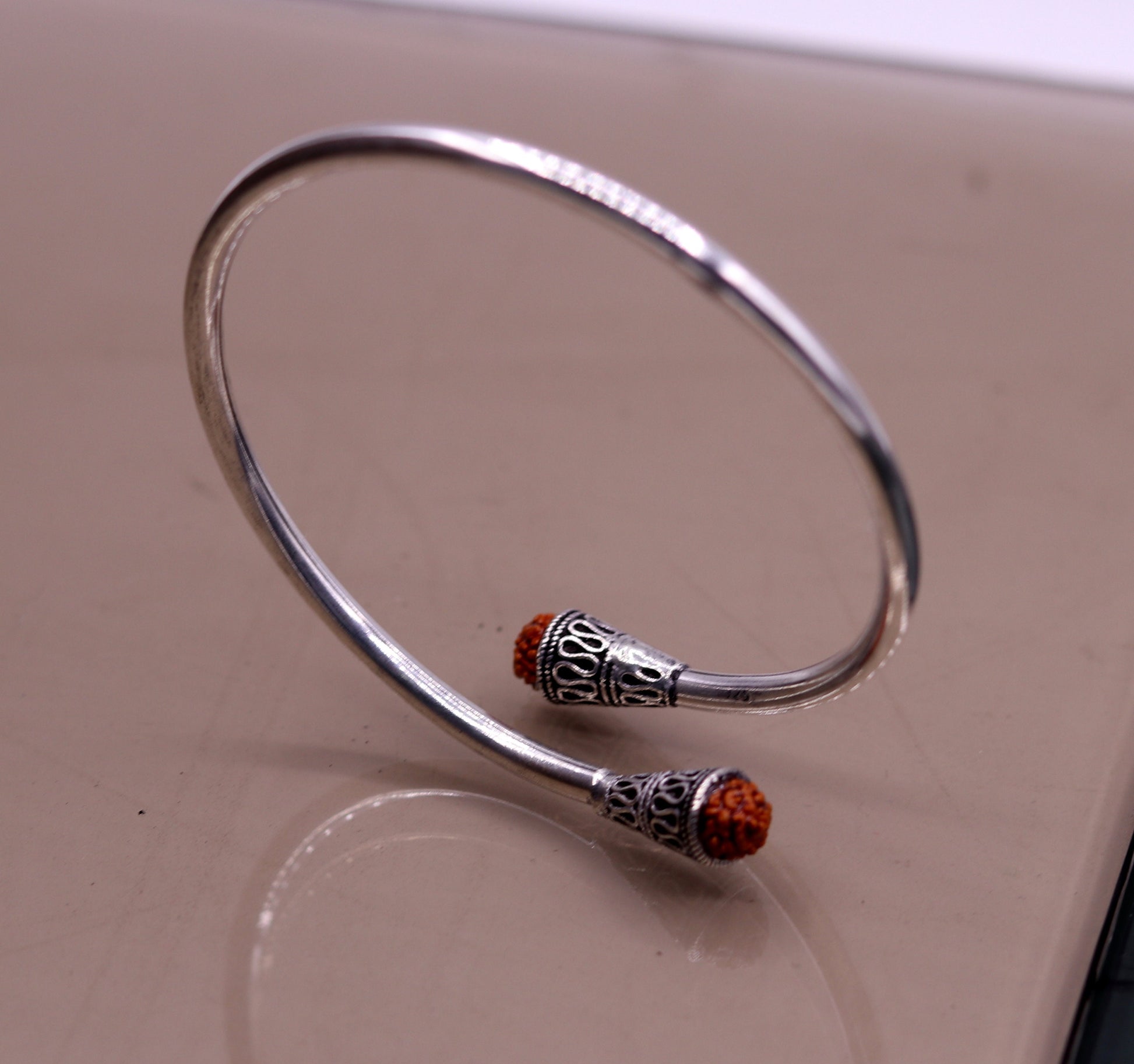 Stylish design handmade 925 sterling silver Rudraksha beads flexible bangle bracelet kada unisex adjustable jewelry from india nsk151 - TRIBAL ORNAMENTS
