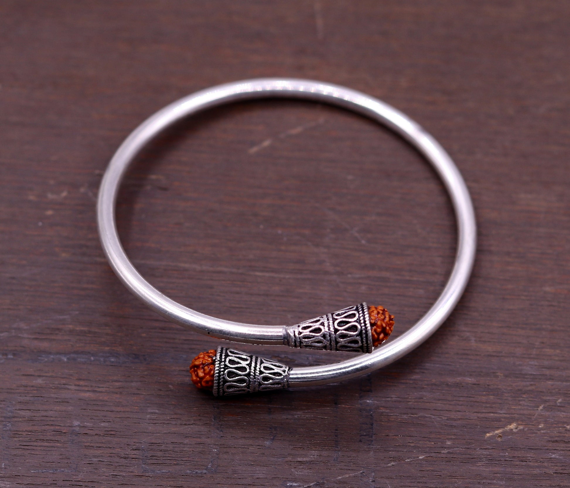 Stylish design handmade 925 sterling silver Rudraksha beads flexible bangle bracelet kada unisex adjustable jewelry from india nsk151 - TRIBAL ORNAMENTS
