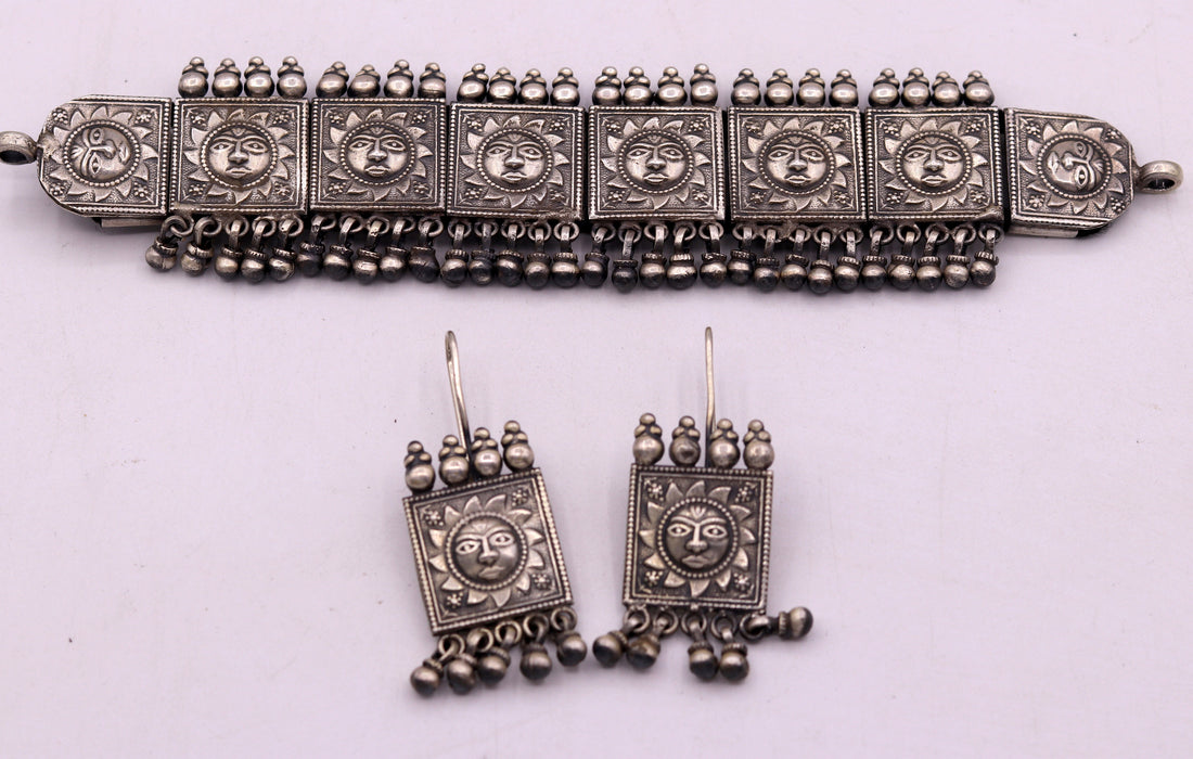 Vintage antique design handmade 925 sterling silver fabulous sum face design necklace choker with attractive hangings tribal jewelry set78 - TRIBAL ORNAMENTS