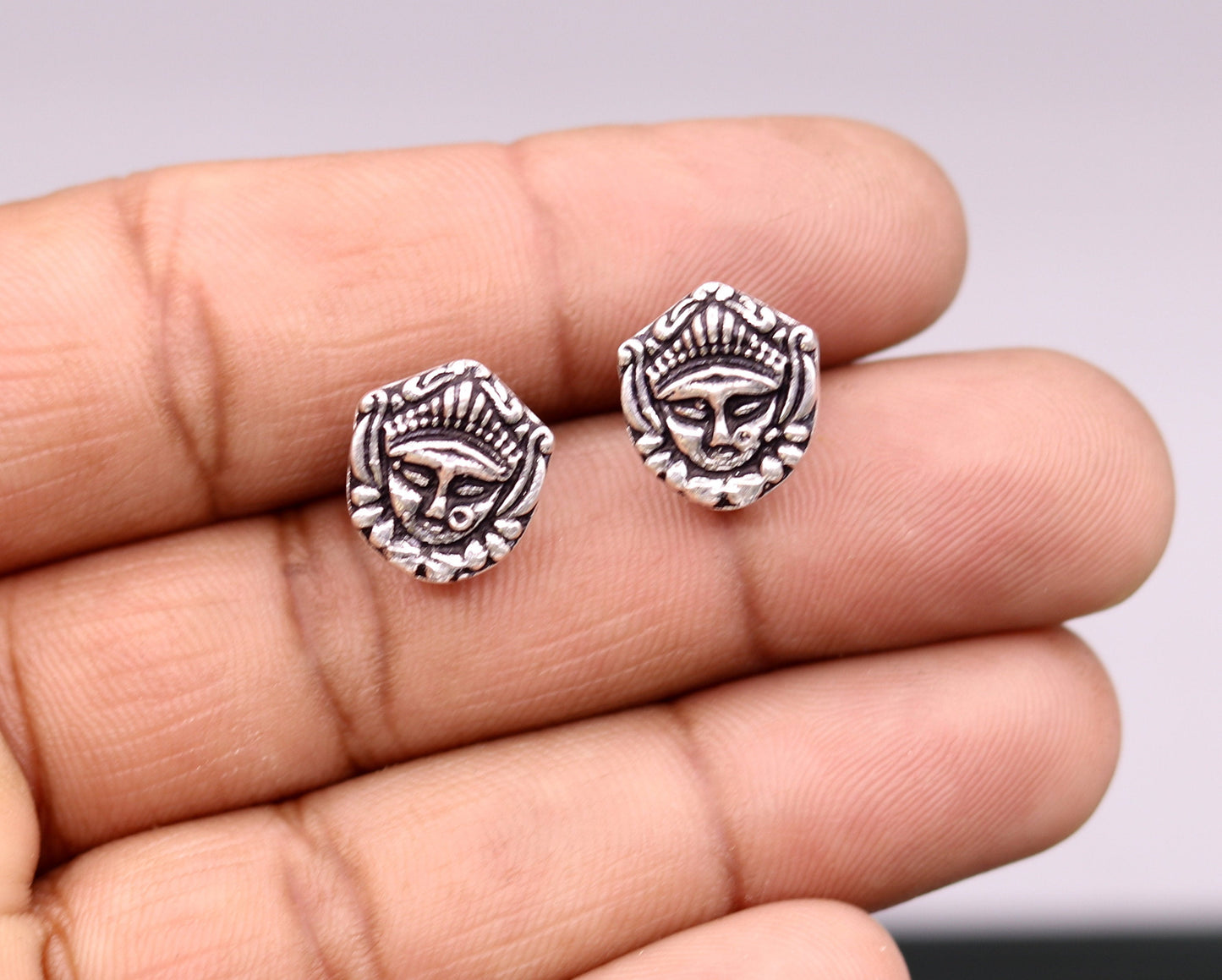 Vintage antique Goddess Bhawani Maa design 925 sterling silver stud earring excellent tribal jewelrys560 - TRIBAL ORNAMENTS