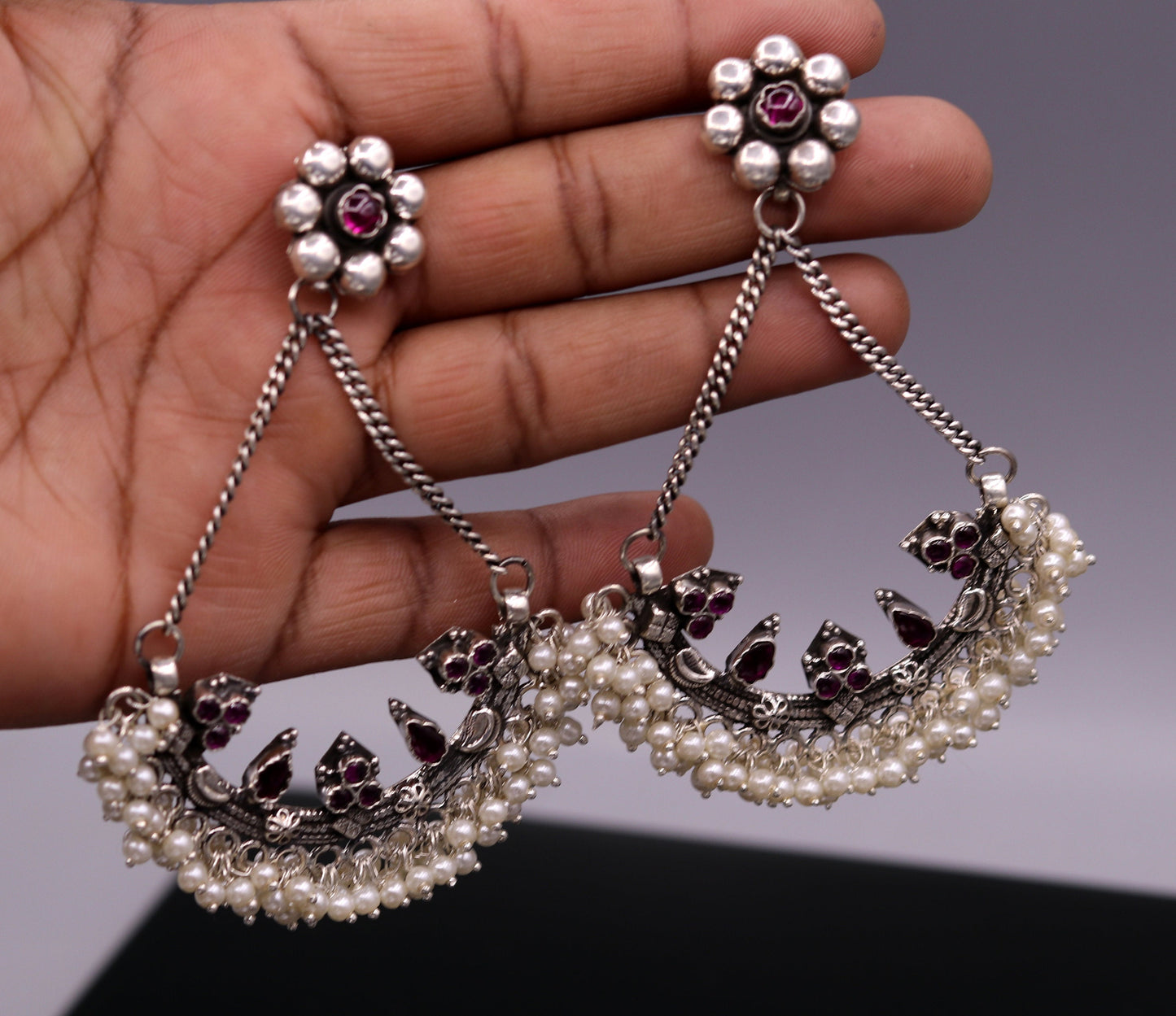 925 sterling silver handmade stud earring chandbala jhumka with gorgeous pearl and dangling customized bridesmaid large earring jewelry s565 - TRIBAL ORNAMENTS