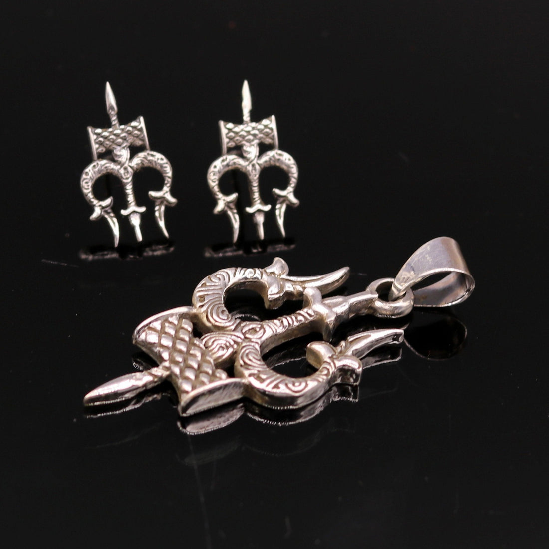 Awesome pretty design Lord Shiva trident shape pendant with tiny trident stud 925 sterling silver amazing fabulous set tribal jewelry nsp231 - TRIBAL ORNAMENTS