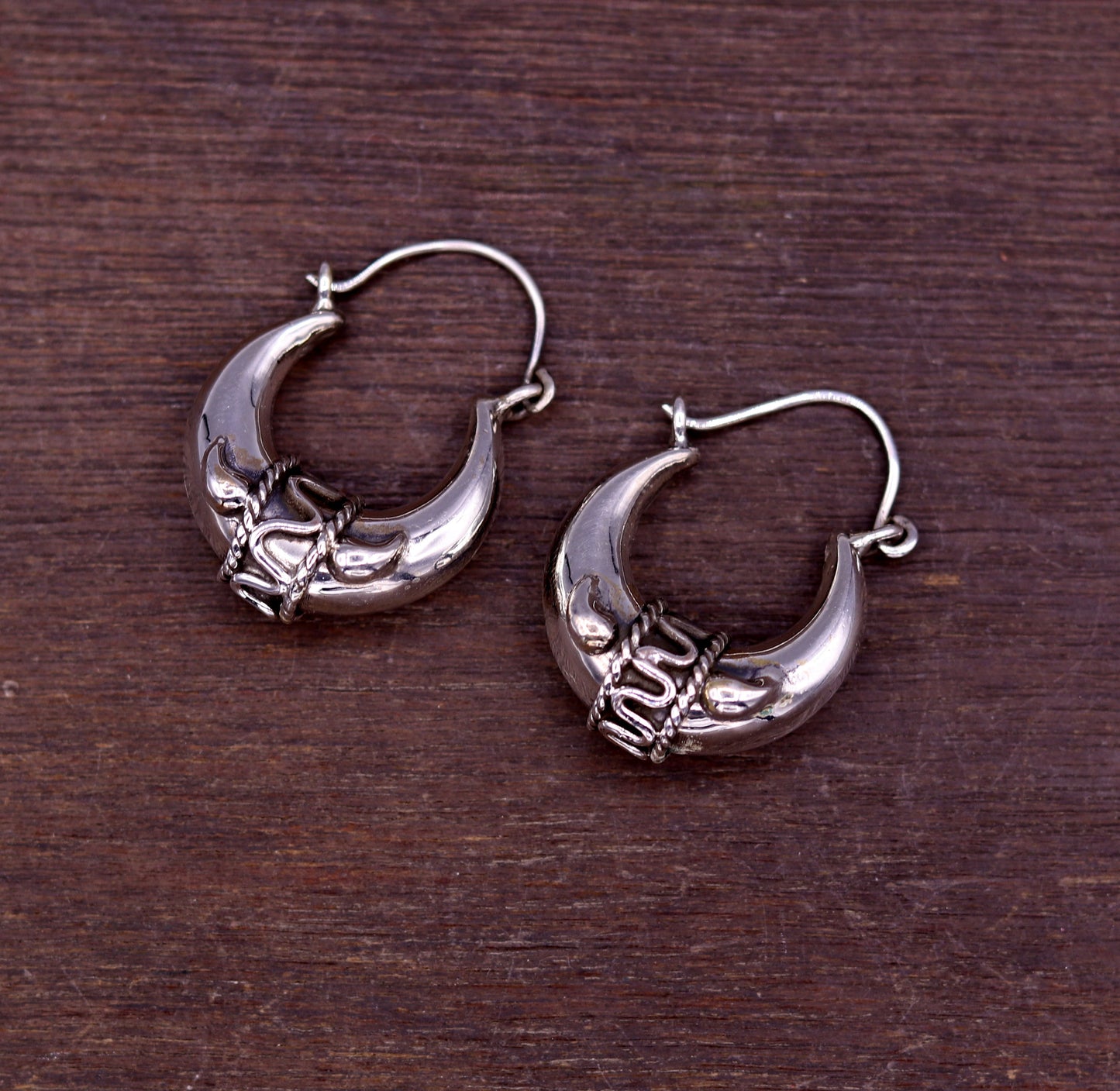 925 sterling pure silver handmade vintage style fabulous unisex hoops earrings kundal, ethnic bali tribal jewelry from india s586 - TRIBAL ORNAMENTS