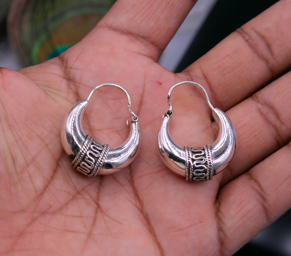 Pure 925 sterling silver handmade vintage ethnic style hoops earrings kundal,ethnic pretty bali tribal belly dance jewelry from india s591 - TRIBAL ORNAMENTS