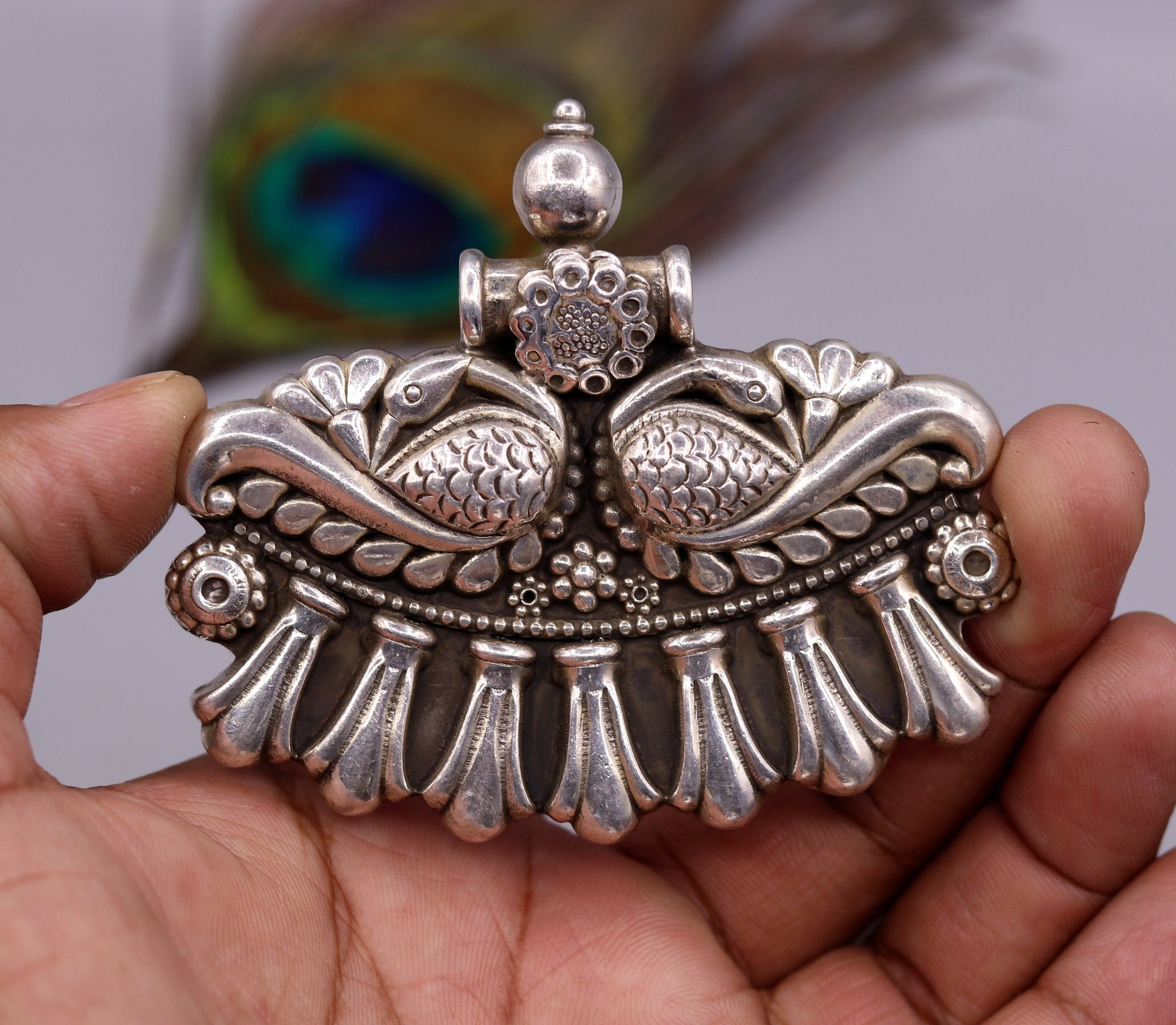 Vintage antique design handmade 925 sterling silver gorgeous design peacock pendant ethnic tribal jewelry from India nsp247 - TRIBAL ORNAMENTS
