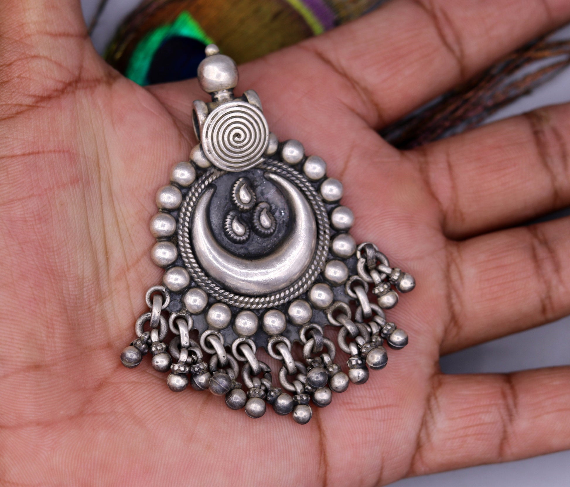 925 sterling silver handmade excellent half moon shape design vintage antique tribal pendant with hanging bells gifting jewelry nsp253 - TRIBAL ORNAMENTS