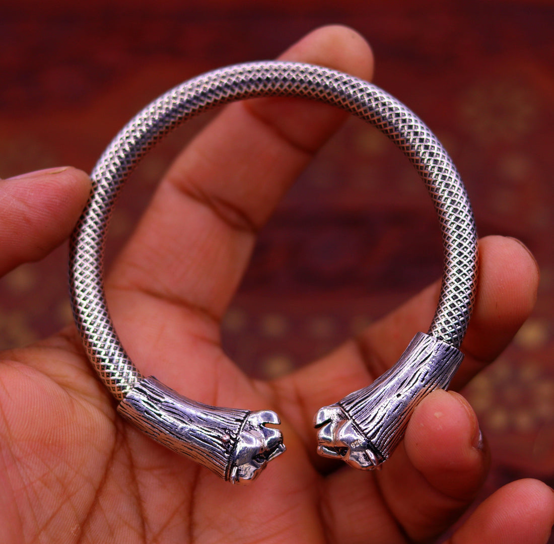 Excellent lion face 925 sterling silver hand crafted work bangle bracelet vintage design adjustable unisex kada bracelet real jewelry nsk189 - TRIBAL ORNAMENTS