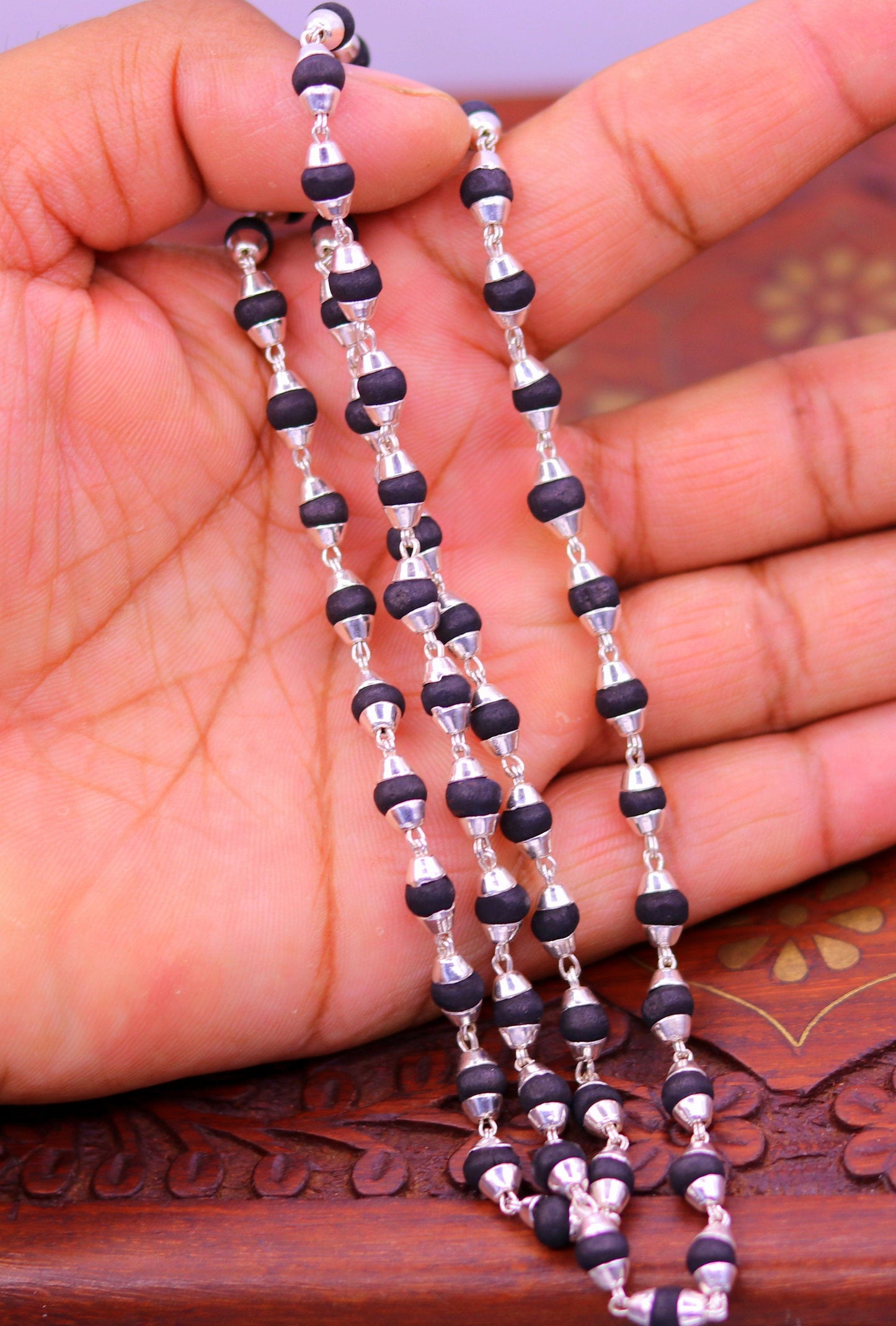 Sterling silver handmade Solid black basil rosary wooden beads silver chain necklace tulsi mala use in Ayurveda meditation ch56 - TRIBAL ORNAMENTS