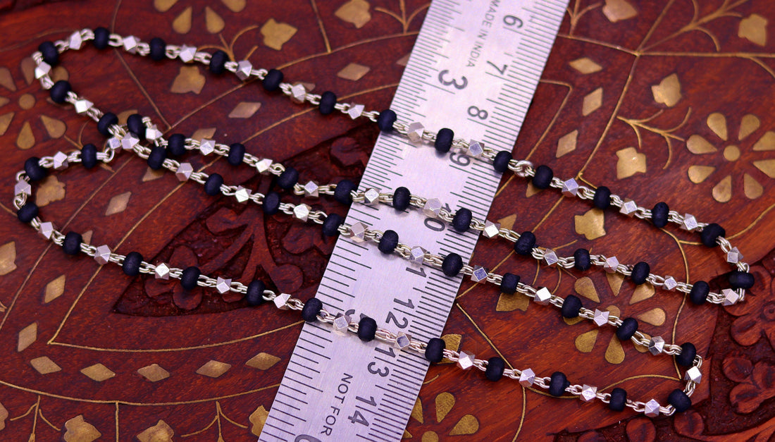 Sterling silver handmade Solid beads and black basil rosary wooden beads silver chain necklace tulsi mala use in Ayurveda meditation ch58 - TRIBAL ORNAMENTS