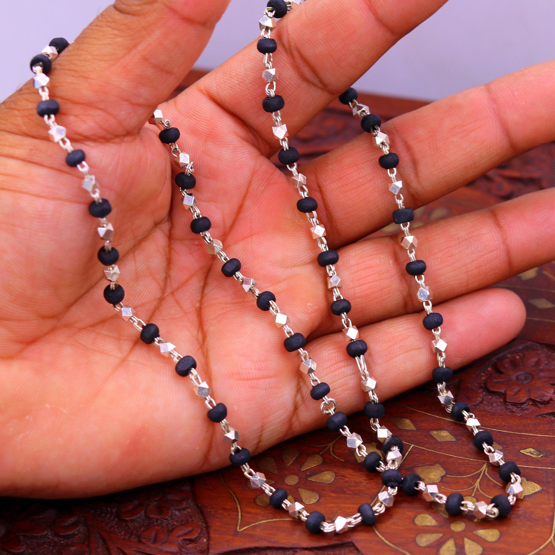 Sterling silver handmade Solid beads and black basil rosary wooden beads silver chain necklace tulsi mala use in Ayurveda meditation ch58 - TRIBAL ORNAMENTS