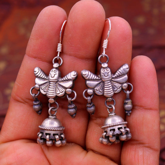 925 sterling silver handmade vintage style butterfly design hoops earring, stud earrings, jhumka with hanging bells tribal jewelry s637 - TRIBAL ORNAMENTS