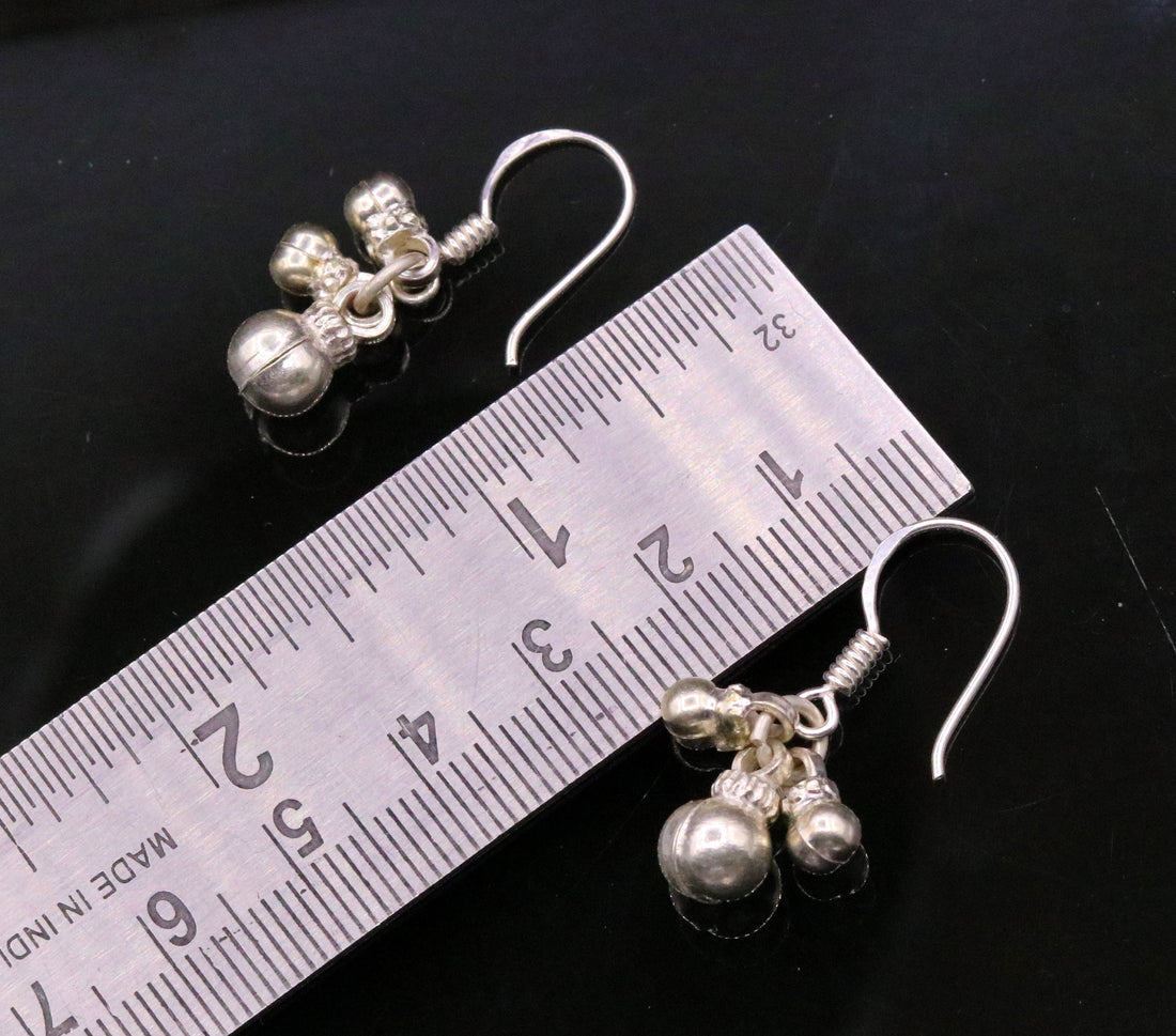 Traditional design sterling silver hoops earrings, fabulous hanging pretty bells drop dangle earrings tribal jewelry from india s644 - TRIBAL ORNAMENTS