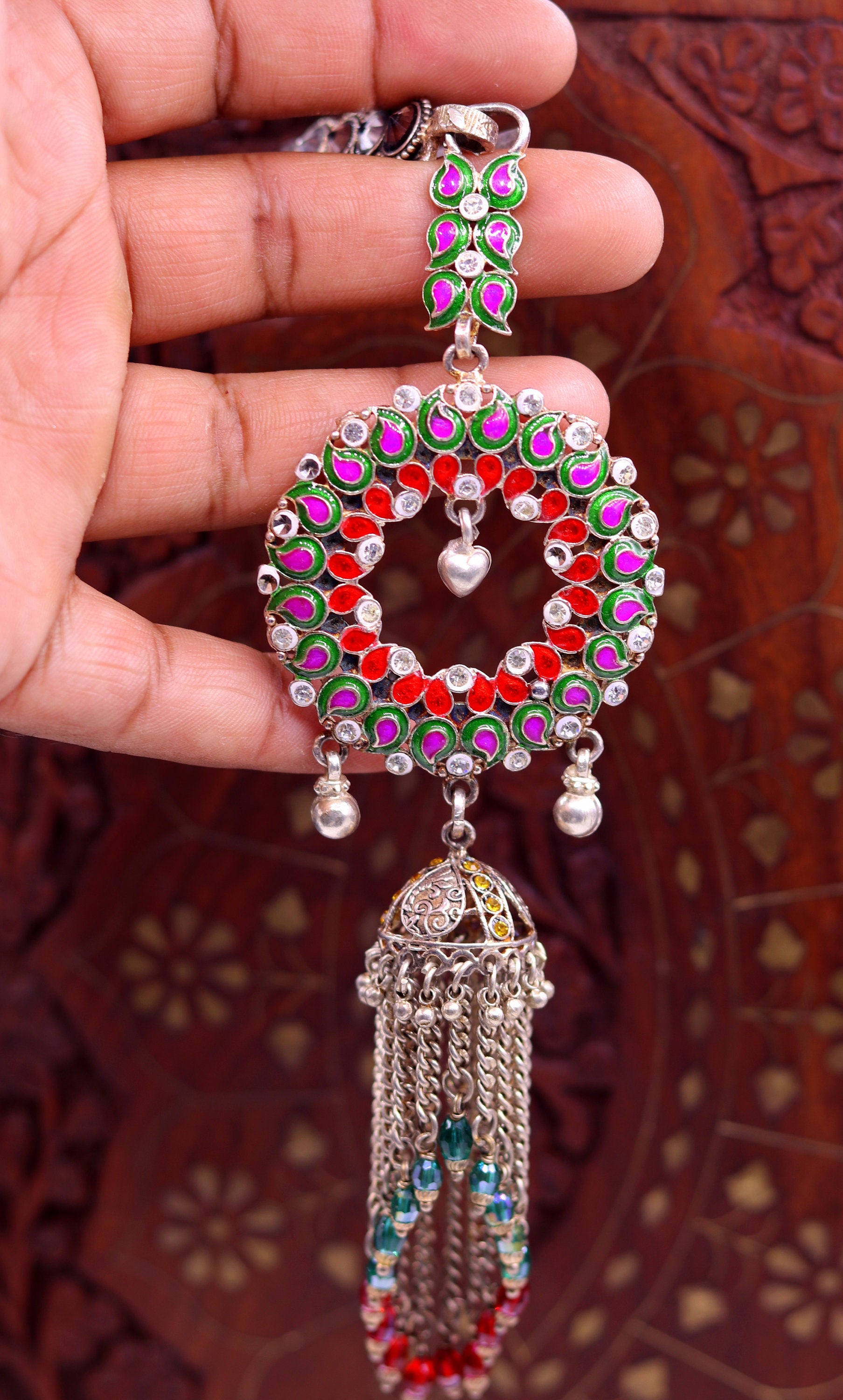 Sterling silver handmade old used enamel key chain sari pin excellent waist chain chhalla, kandora, satka tribal belly dance jewelry chh07 - TRIBAL ORNAMENTS