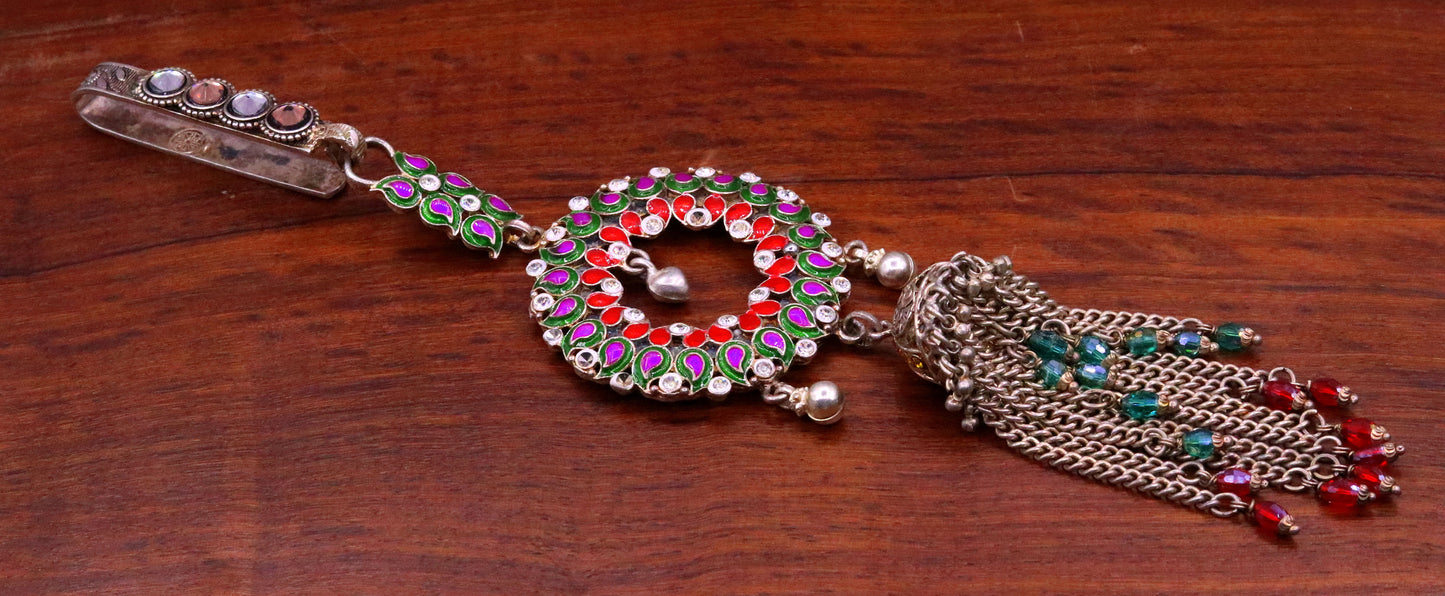 Sterling silver handmade old used enamel key chain sari pin excellent waist chain chhalla, kandora, satka tribal belly dance jewelry chh07 - TRIBAL ORNAMENTS