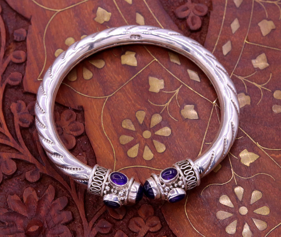 925 sterling silver handmade vintage design bangle bracelet kada with fabulous purple amethyst gemstone tribal unisex jewelry nsk223 - TRIBAL ORNAMENTS