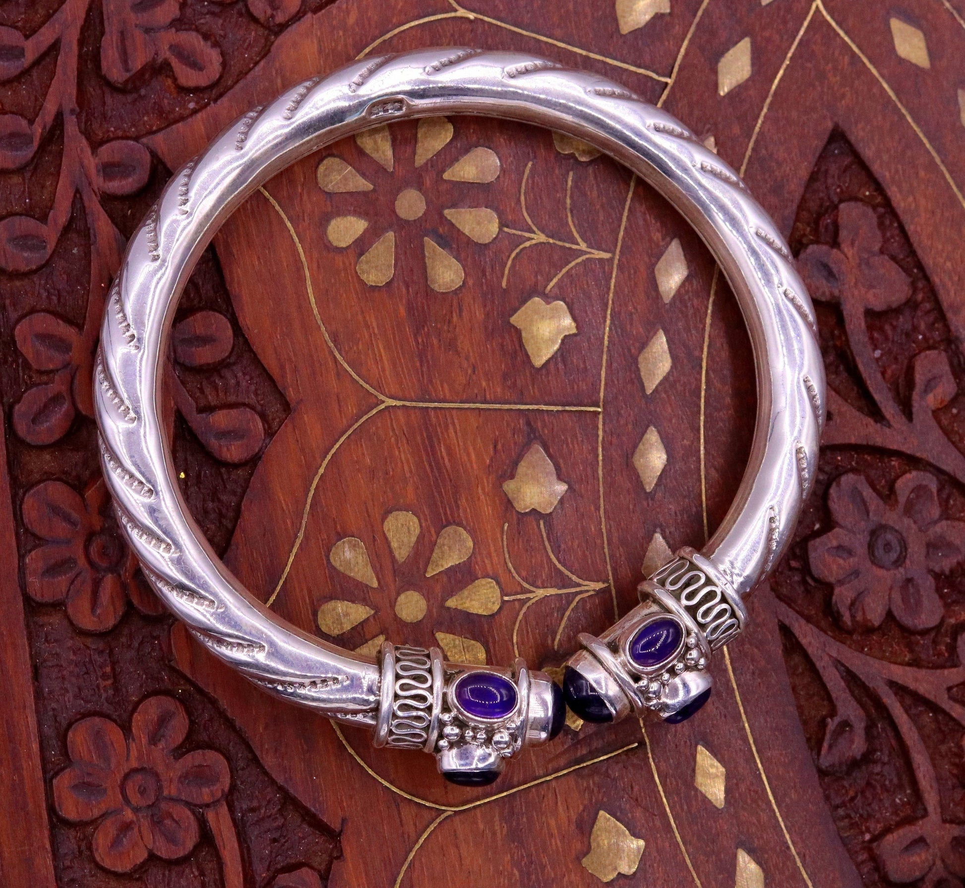 925 sterling silver handmade vintage design bangle bracelet kada with fabulous purple amethyst gemstone tribal unisex jewelry nsk223 - TRIBAL ORNAMENTS
