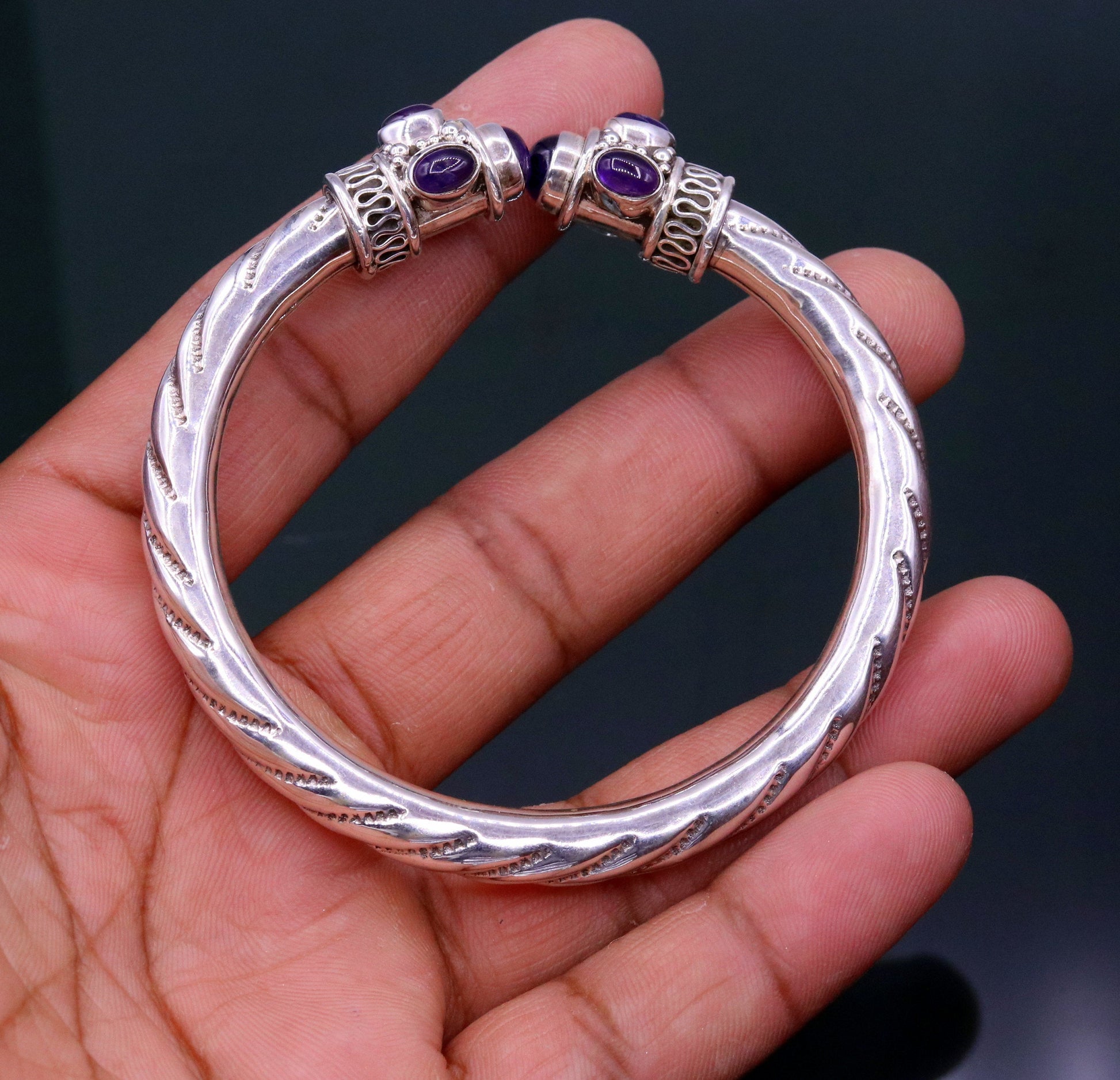 925 sterling silver handmade vintage design bangle bracelet kada with fabulous purple amethyst gemstone tribal unisex jewelry nsk223 - TRIBAL ORNAMENTS