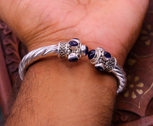 925 sterling silver handmade vintage design bangle bracelet kada with fabulous purple amethyst gemstone tribal unisex jewelry nsk223 - TRIBAL ORNAMENTS