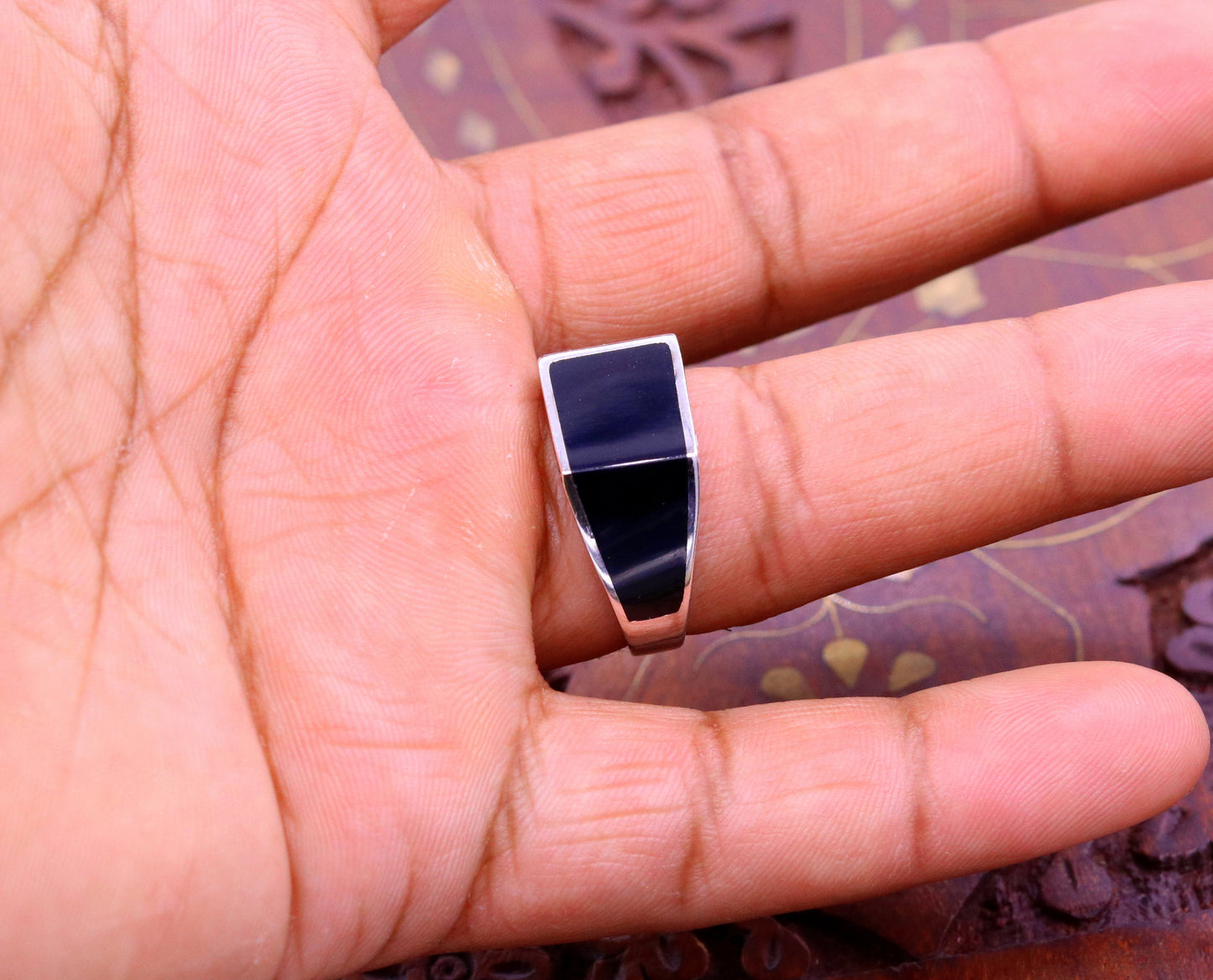 Amazing black enamel 925 sterling silver vintage design handmade gorgeous ring band fabulous unisex gifting ring from india sr246 - TRIBAL ORNAMENTS