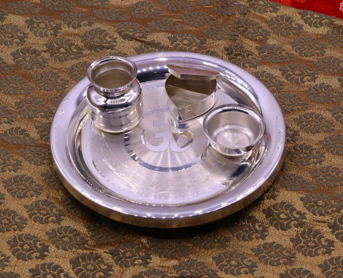 999 fine pure sterling silver handmade plate Puja Thali ,5.5" wide Aum design Puja plate tray for Home temple decor art Arti vessel sv02 - TRIBAL ORNAMENTS