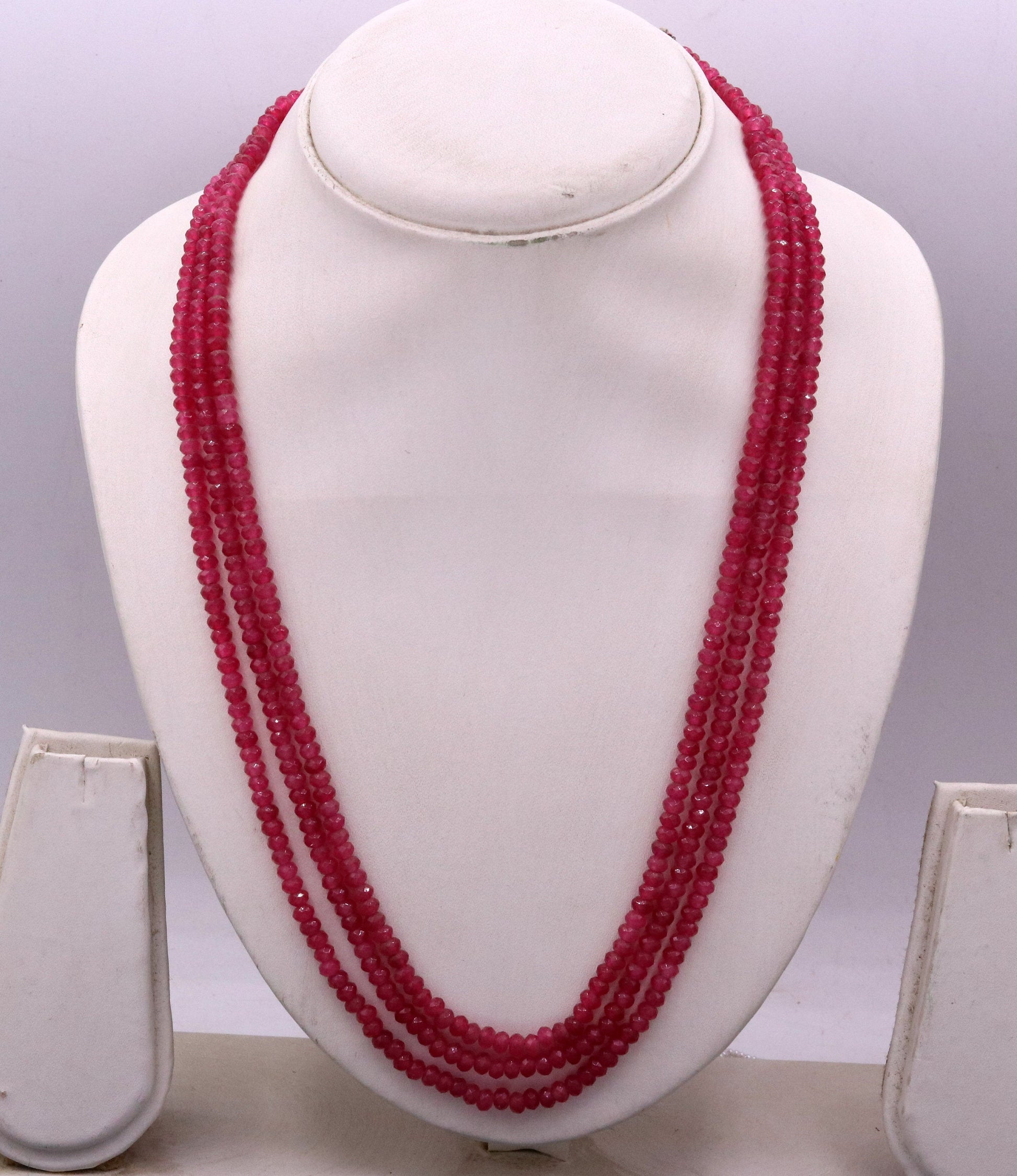 Vintage antique design handmade gorgeous rose pink Quartz 3 line necklace, excellent beaded charm necklace tribal jewelry from india qd03 - TRIBAL ORNAMENTS