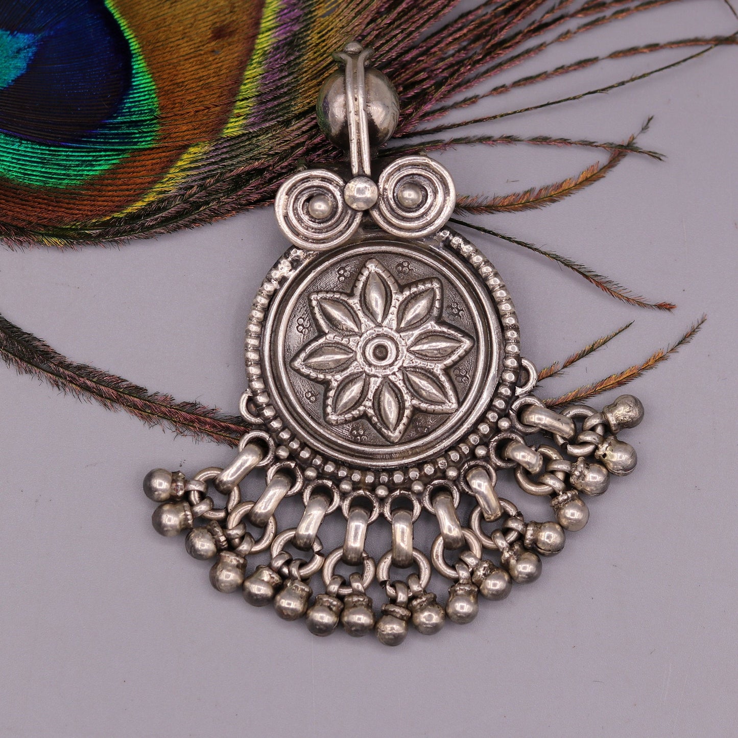 Handmade design 925 sterling silver excellent flower design vintage antique tribal pendant with hanging bells gifting jewelry nsp254 - TRIBAL ORNAMENTS