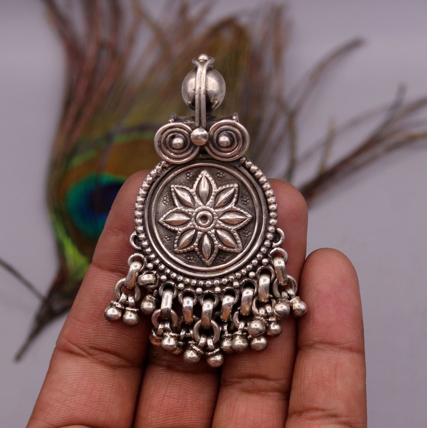 Handmade design 925 sterling silver excellent flower design vintage antique tribal pendant with hanging bells gifting jewelry nsp254 - TRIBAL ORNAMENTS
